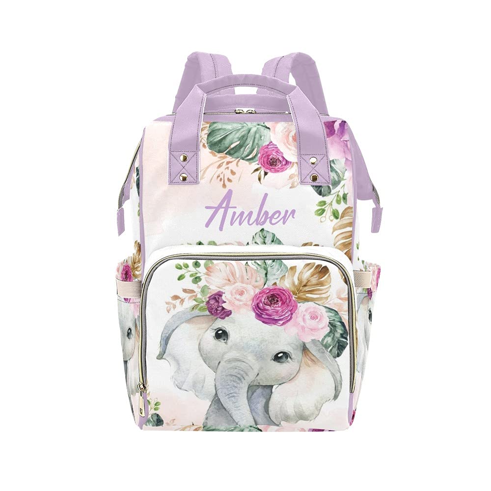 **Personalized Purple Floral Elephant Diaper Backpack - Stylish Nursing & Nappy Bag for Moms, Baby Essentials Organizer, Perfect for Travel, Outings & Baby Showers**