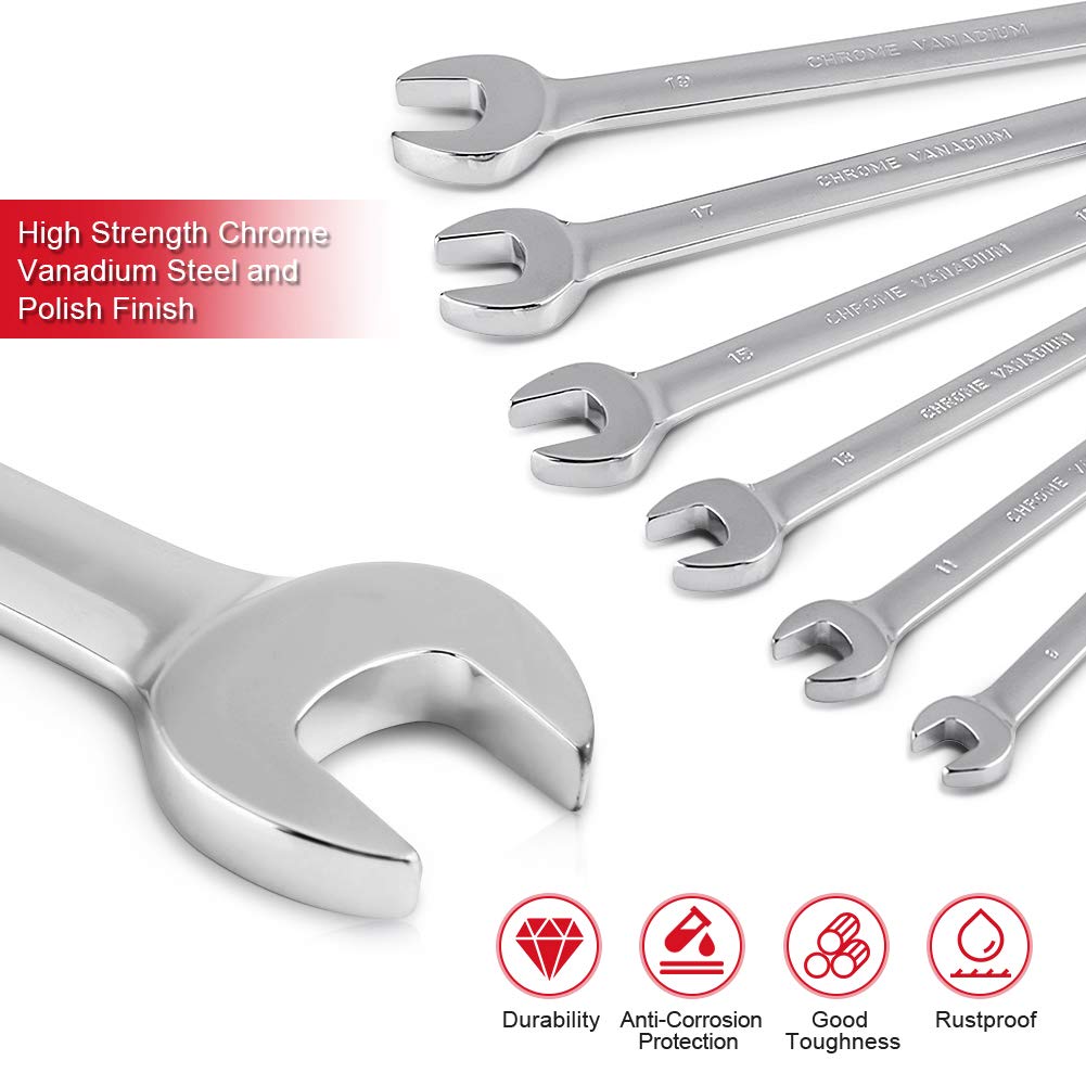 12-Piece Spanner Ratchet Set - CRV Steel Combination Wrench Kit (8-19mm) with Tool Box - Open-End & Ring Wrench Set for Car Repairs, Home Maintenance & DIY Projects