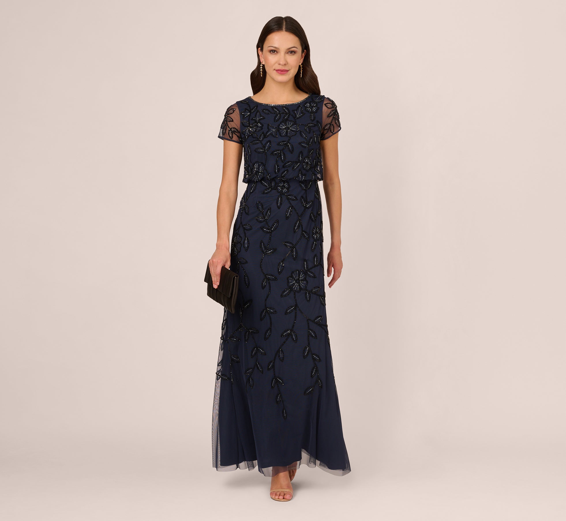 Elegant Navy Black Jasmine Beaded Blouson Gown with Sheer Short Sleeves - Perfect for Evening Parties, Weddings & Special Occasions