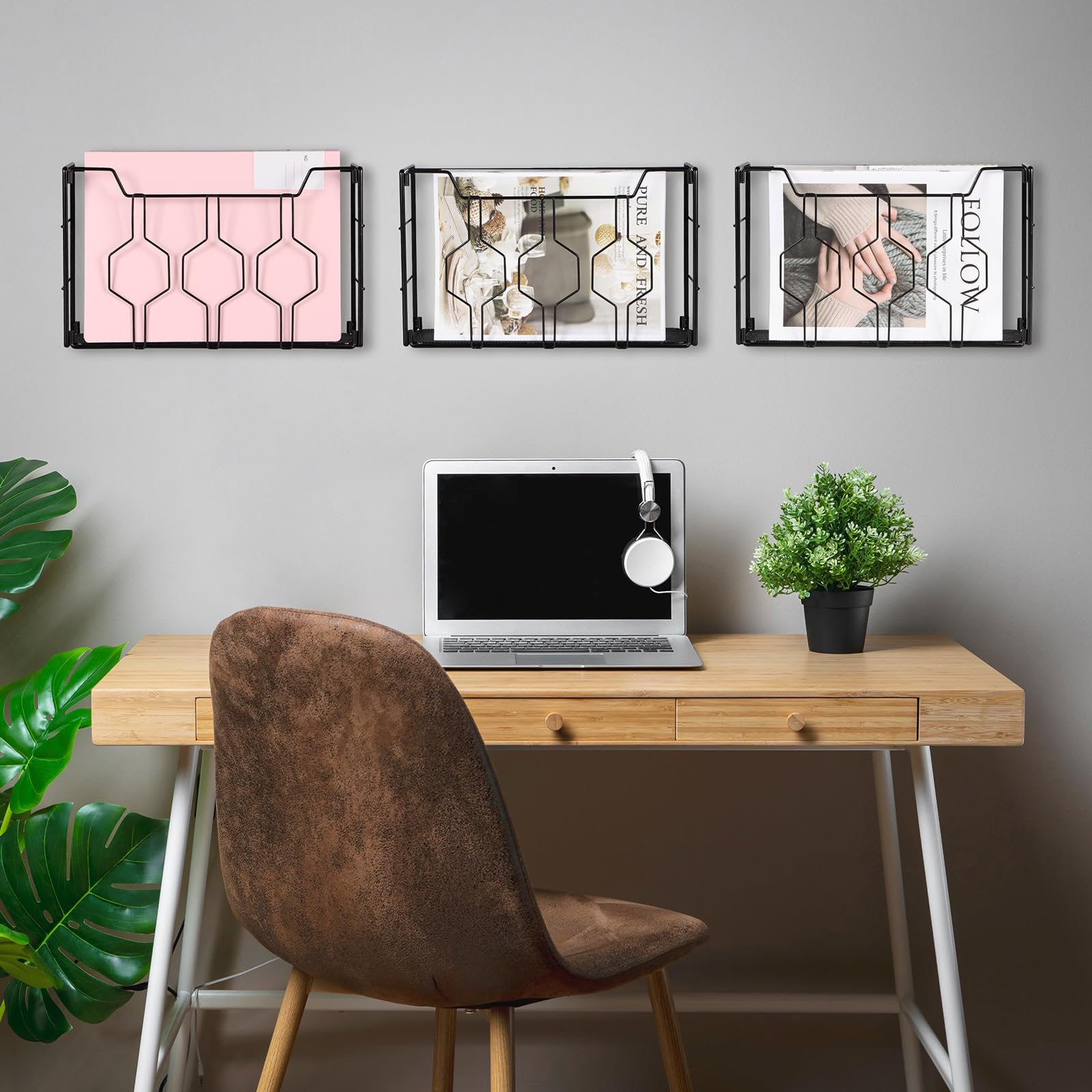 KEEGH Vertical Wall Mount File Organizer - Metal Hanging Wall File Folder Holder for Mail, Magazine & Paper Documents - 3 Pack Black - Perfect for Home Office Organization & Space Saving Storage