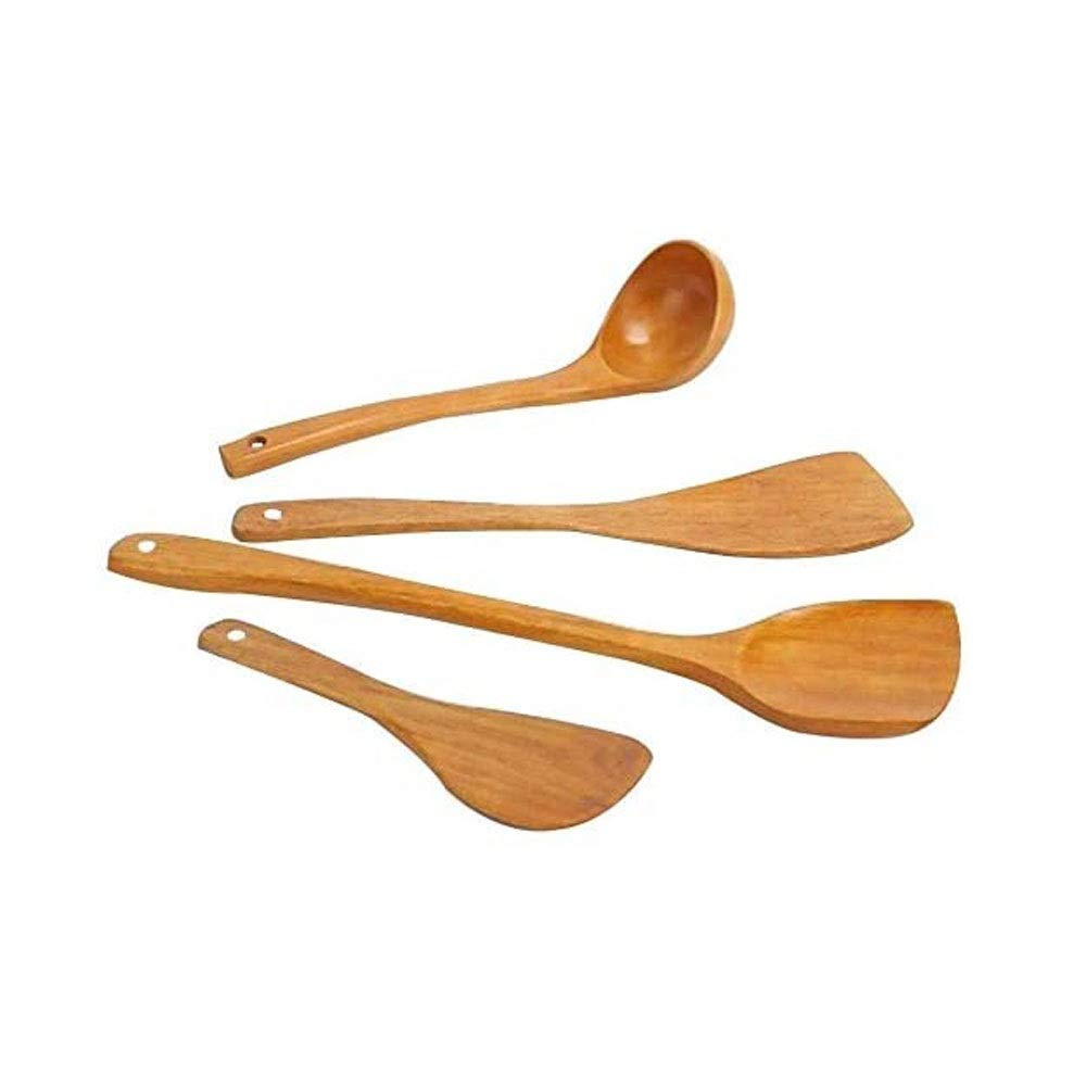 4-Piece Wooden Spatula Set - Non-Stick Kitchen Utensils for Cooking, Flipping & Serving - Solid Wood Spoons, Shovels & Soup Ladles for Home & Restaurant Use