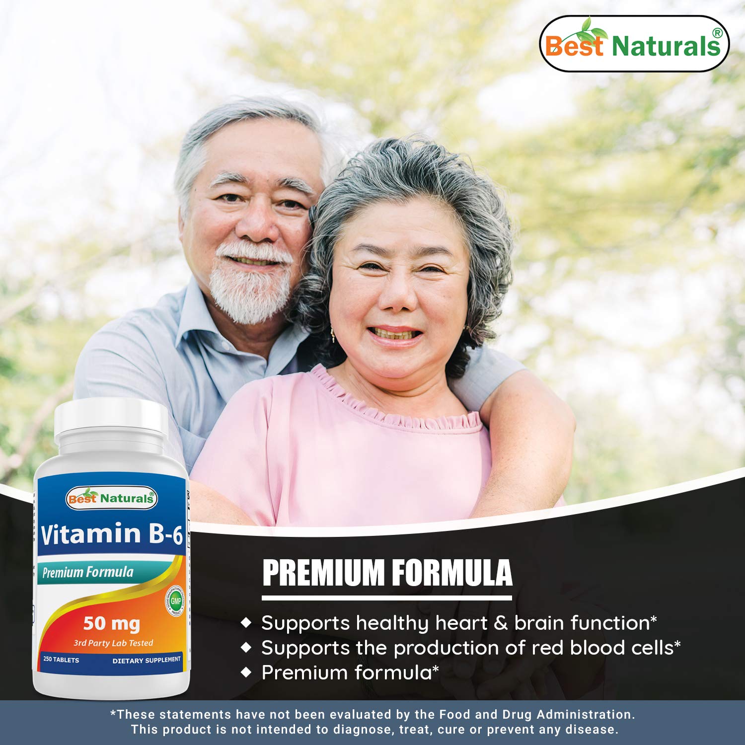 Best Naturals Vitamin B6 50mg - 250 Tablets | Supports Energy, Metabolism & Nervous System | Daily Supplement for Adults & Seniors | Non-GMO & Gluten Free