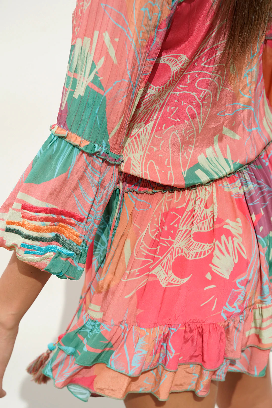 Deniz Dress - Pink Abstract Jungle Print Flowy Maxi Dress for Women | Boho Chic Summer Beach Dress, Vacation & Party Wear