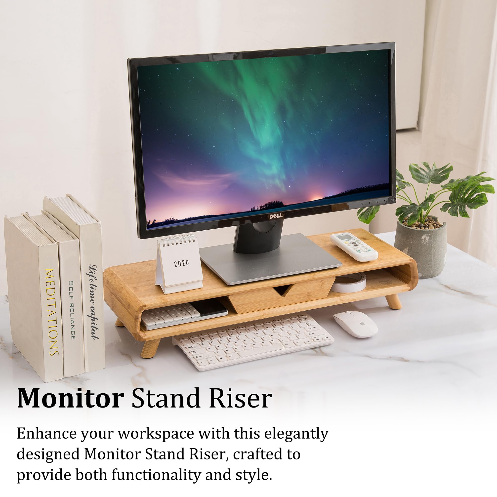 Homerays Bamboo Monitor Stand Riser with Drawer - No Assembly Required, Ergonomic Height Adjustable Wooden Computer Monitor Stand for Home & Office Workspace