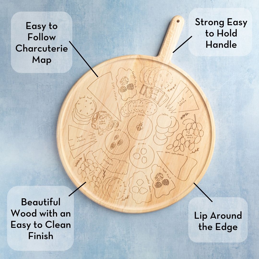 Meg Quinn Round Charcuterie Board with Handle - 22 x 17 Inches - Perfect for Cheese, Charcuterie & Entertaining - Elegant Serving Tray for Parties, Weddings & Gifts