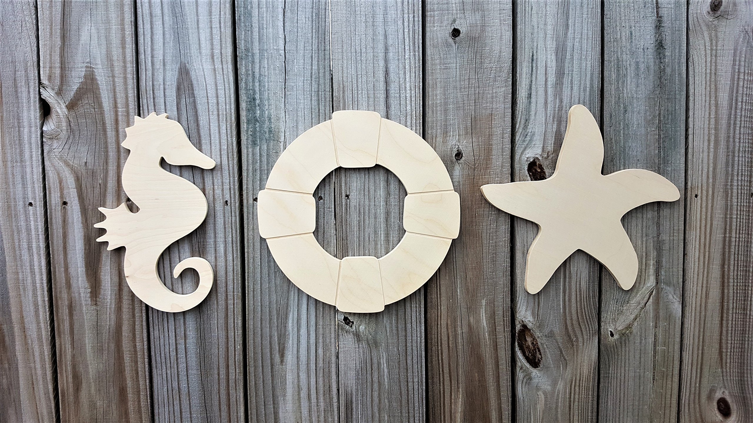 Handcrafted Wooden Seahorse, Life Preserver & Starfish Wall Decor Set - Nautical & Ocean Theme Home Decor for Nursery, Beach House, Living Room - 18