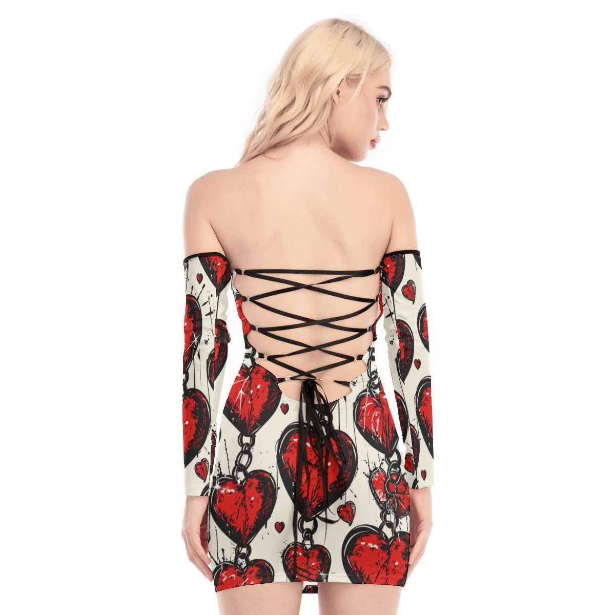 Elegant Chained Hearts Off Shoulder Back Lace Up Dress for Women | Sexy Summer Party Cocktail Dress | Perfect for Date Night, Bridal Shower & Beach Vacation
