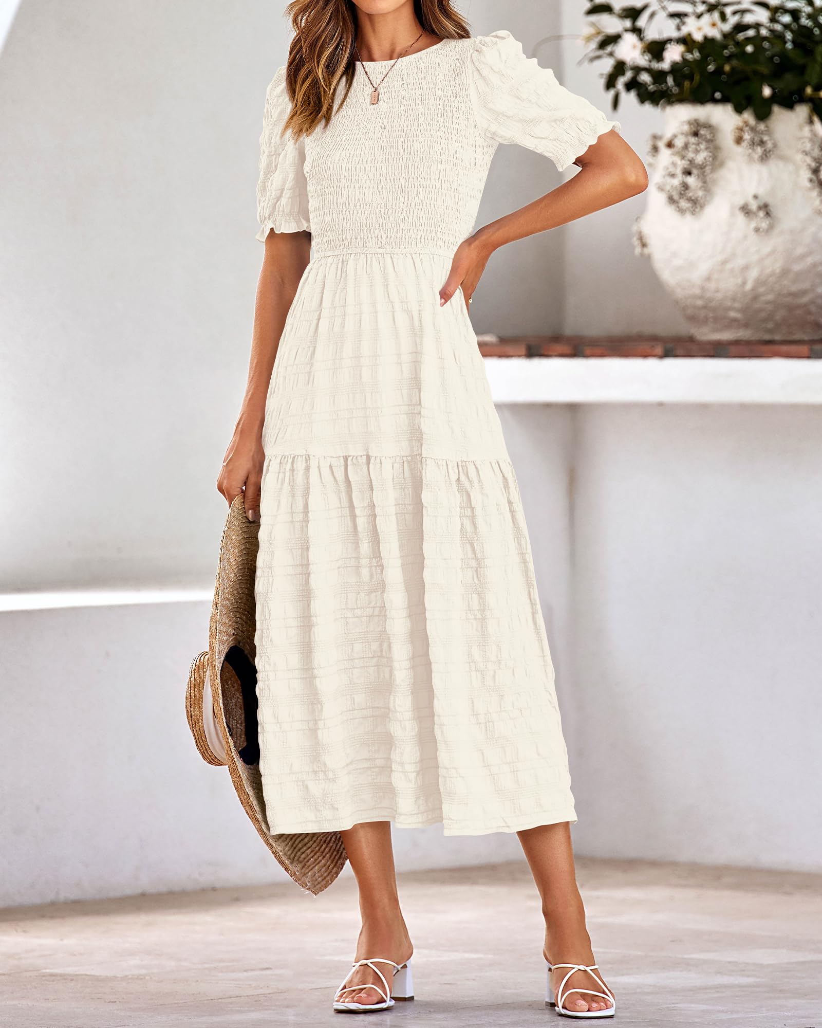 Dowerme Women's Summer Dresses 2025 - Casual Puff Short Sleeve Crewneck Smocked Flowy Ruffle Boho Maxi Sundress for Beach, Party & Vacation | Lightweight Breathable Fabric for Hot Weather