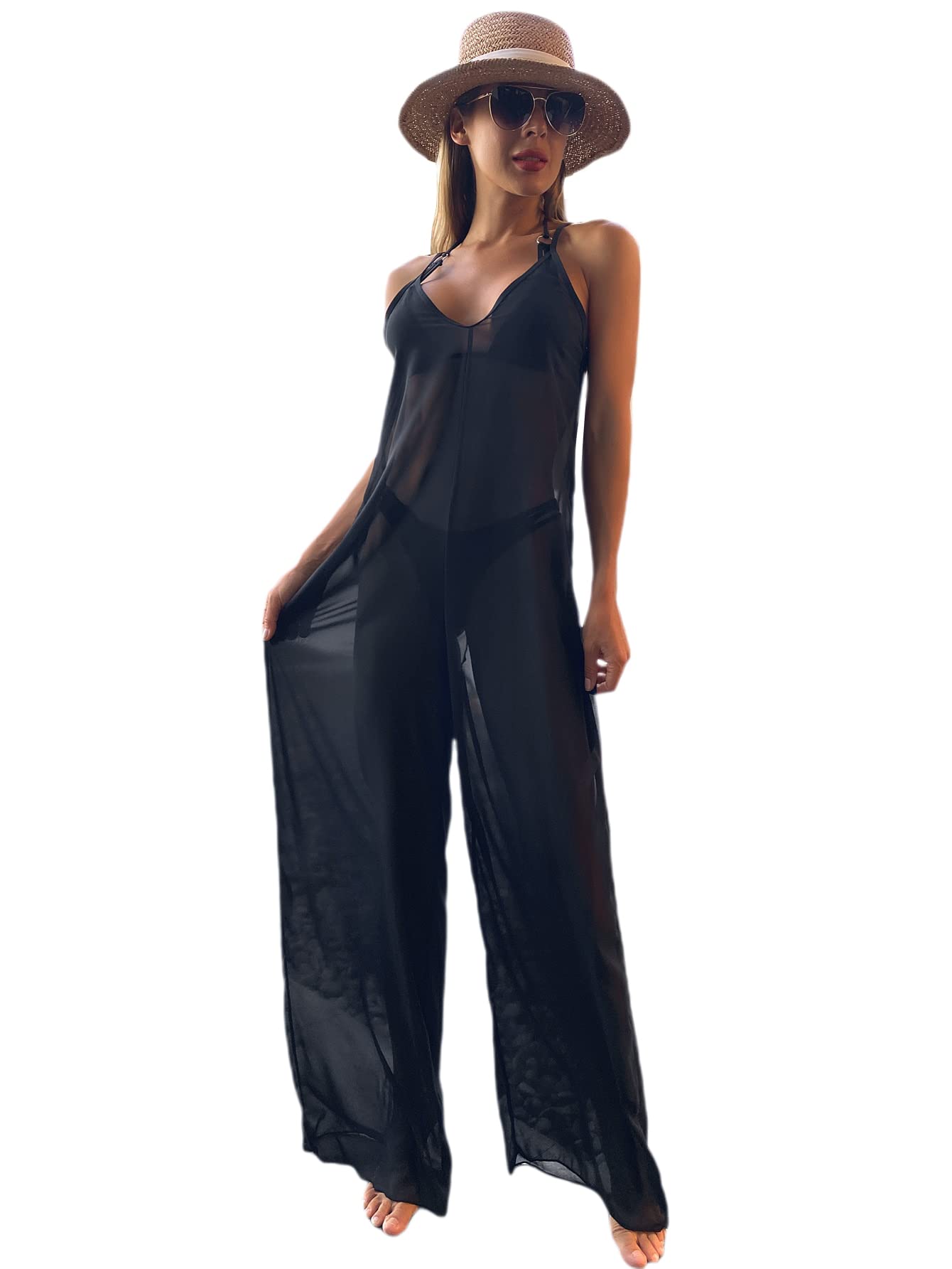 MakeMeChic Women's Sheer Chiffon Swimsuit Cover Up - Lightweight Mesh Beach Jumpsuit for Pool, Vacation & Summer Outfits