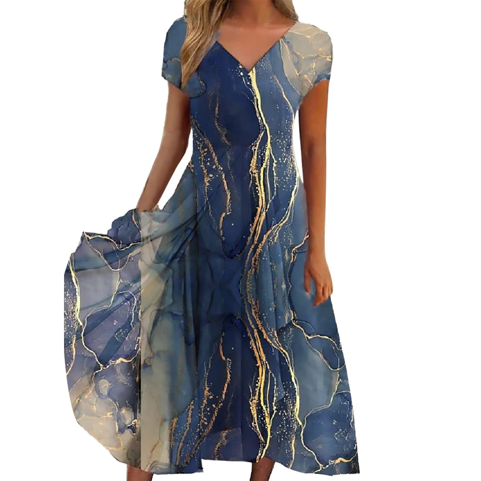 Floral Dresses for Women - Casual Knitted Patchwork Sundress with Short Sleeves, Knee-Length Summer Dress | Perfect for Beach Outings, Date Nights & Vacation Wear