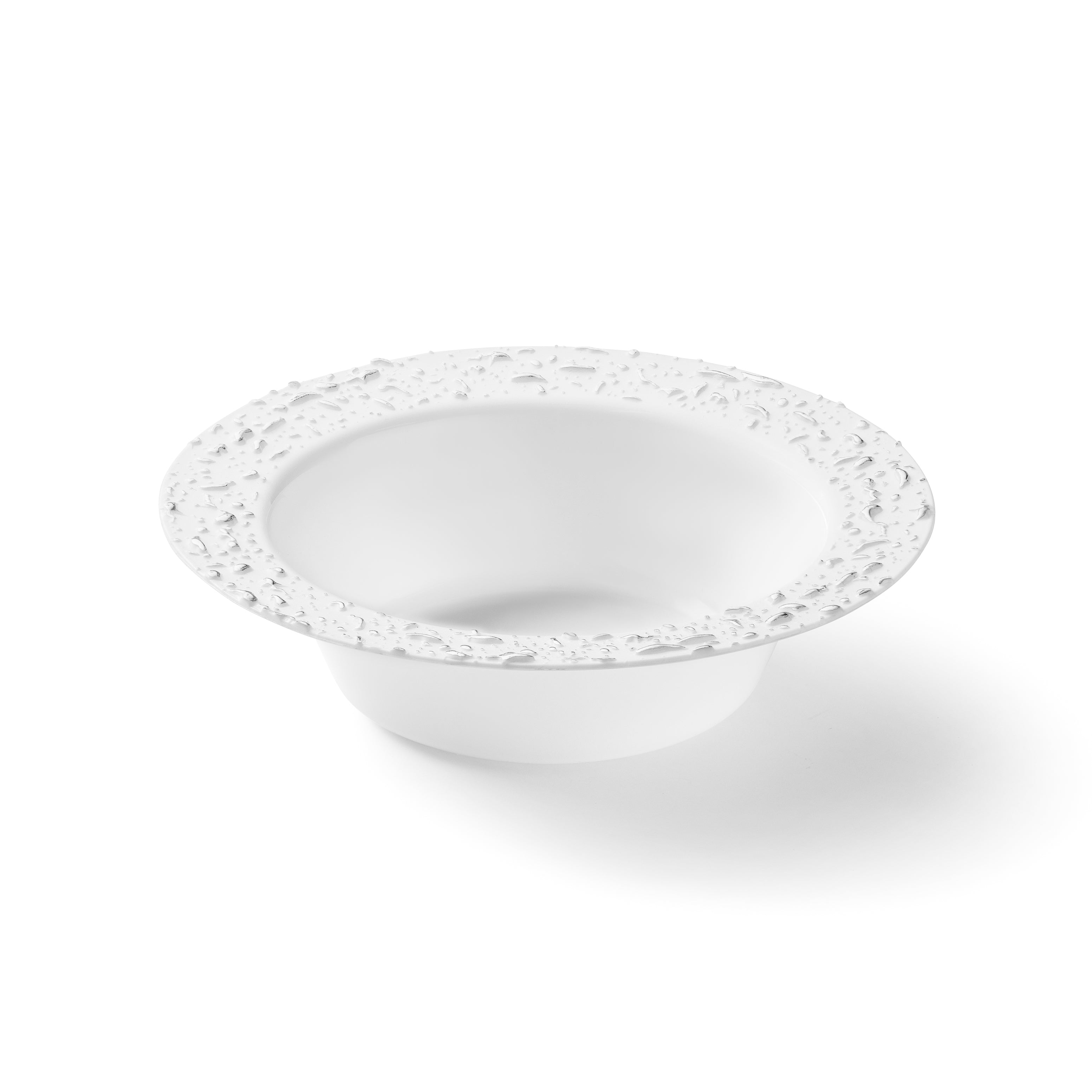 32-Pack White and Silver Round Plastic Soup/Dessert Plates Set for 16 Guests - Elegant Pebbled Texture - Perfect for Parties, Weddings, and Catering Events
