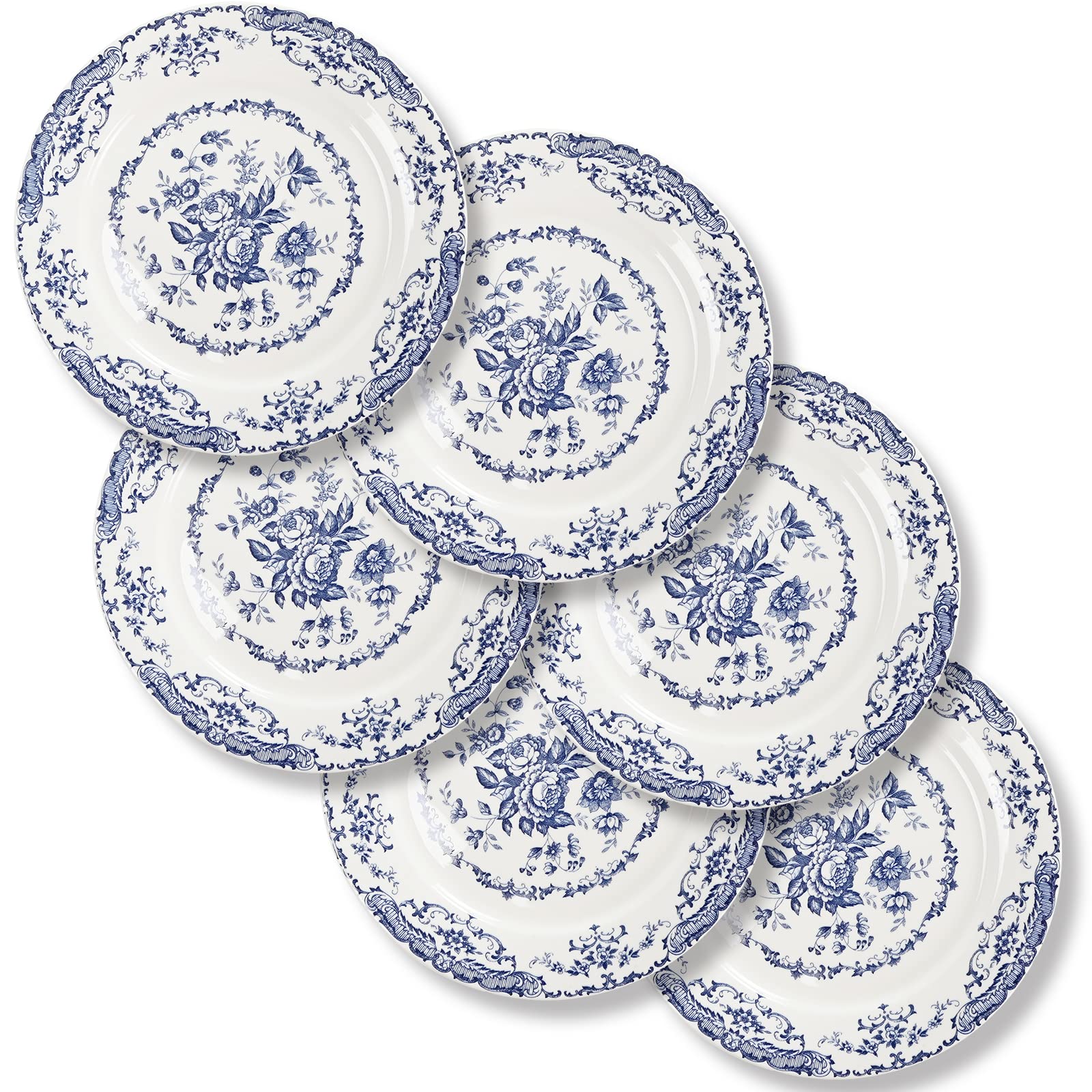 6-Piece White Ceramic Dinner Plates Set - 10.5 Inch Microwave Safe Porcelain Plates with Floral Blue Design for Everyday Dining & Entertaining