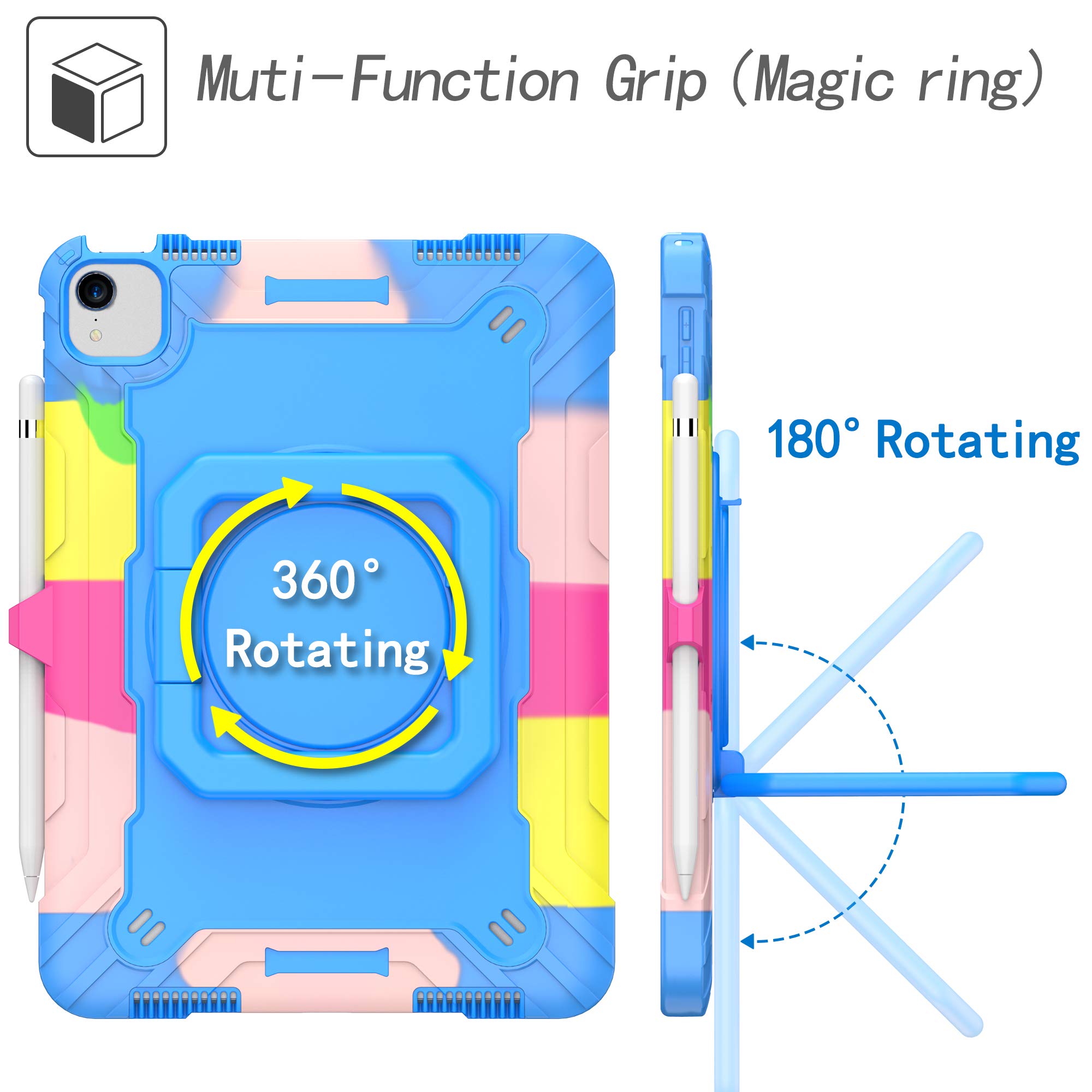 Dteck Shockproof iPad Air 5 Case 2022 & iPad Air 4 10.9 Case 2020 & iPad Pro 11 Case - Heavy Duty Drop Protection Cover with Stand, Anti-Scratch Kids Design & Adjustable Hand/Shoulder Strap (Rainbow & Blue) - Perfect for School, Travel & Outdoor Activities