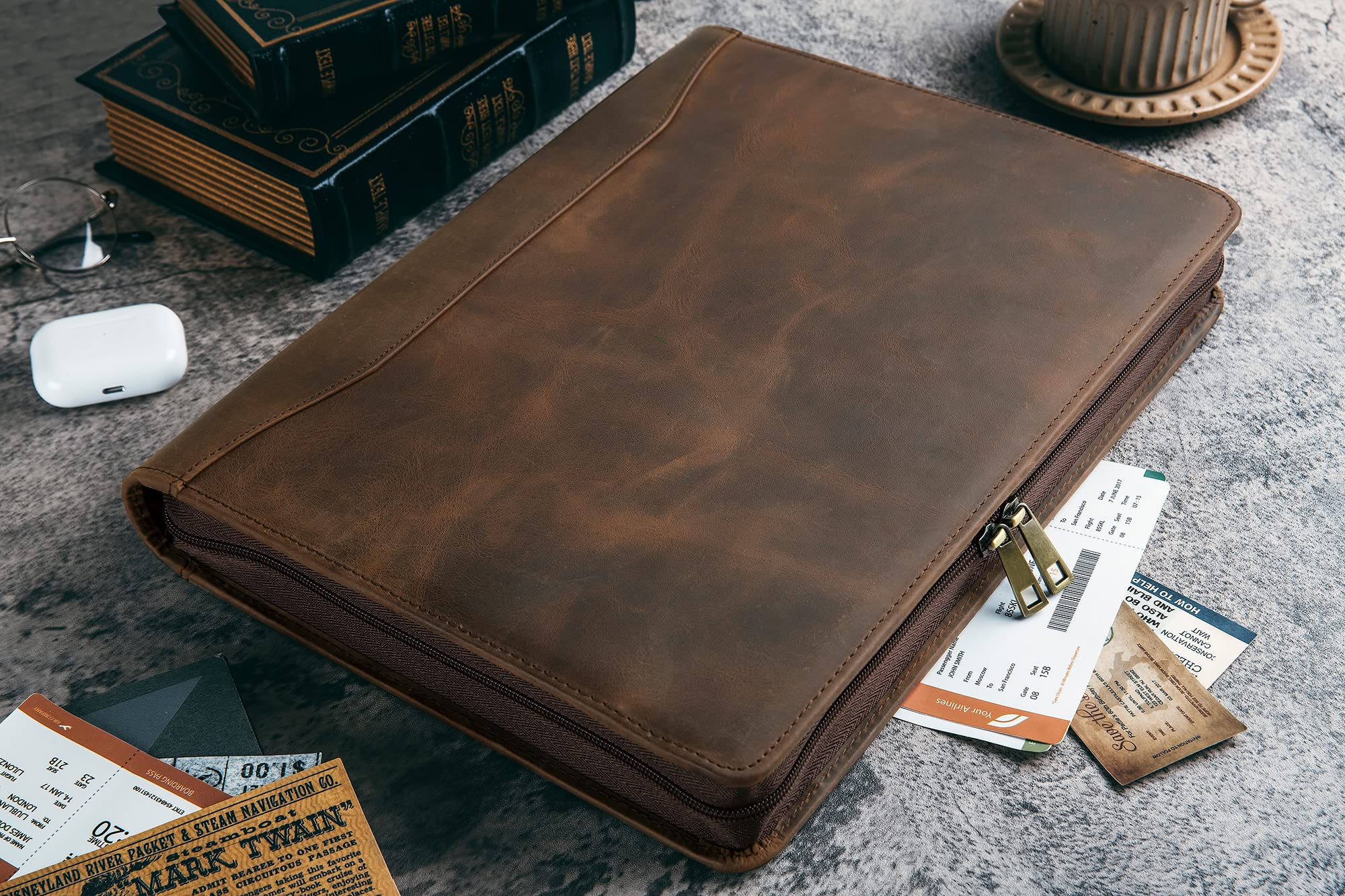 Premium Leather Portfolio with 3-Ring Binder - Personalized Zippered Executive Padfolio & Organizer - Custom Engraved Leather Folder for Men & Women (Dark Khaki) - Perfect for Business Meetings, Corporate Gifts & Professional Presentations