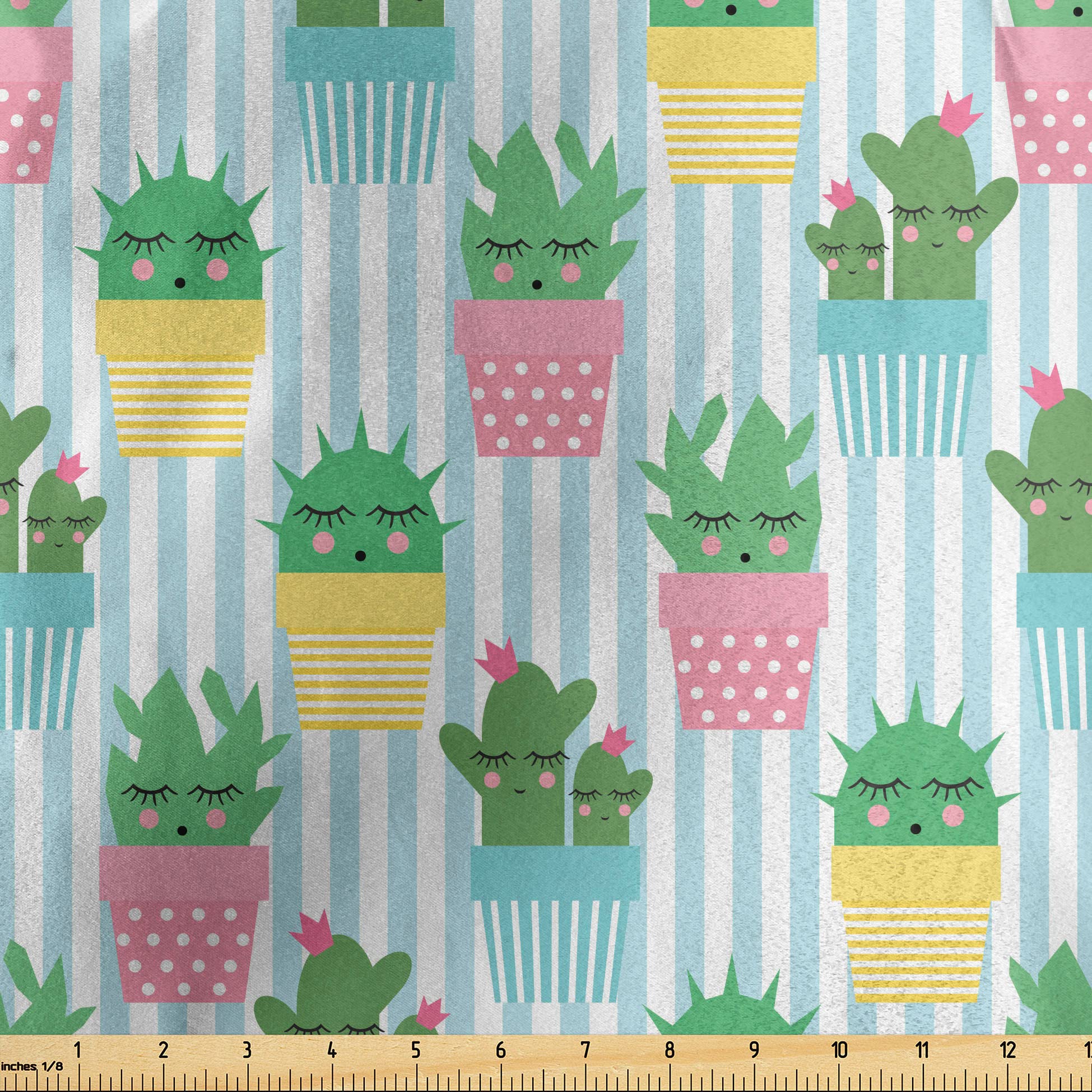 Lunarable Cactus Print Fabric by The Yard - Tropical Plants with Faces in Striped & Polka Dot Pots - Gardening Theme Decorative Satin Fabric for DIY Crafts, Upholstery & Home Decor (10 Yards, Multicolor) - Perfect for Sewing Projects, Pillow Covers & Table Runners