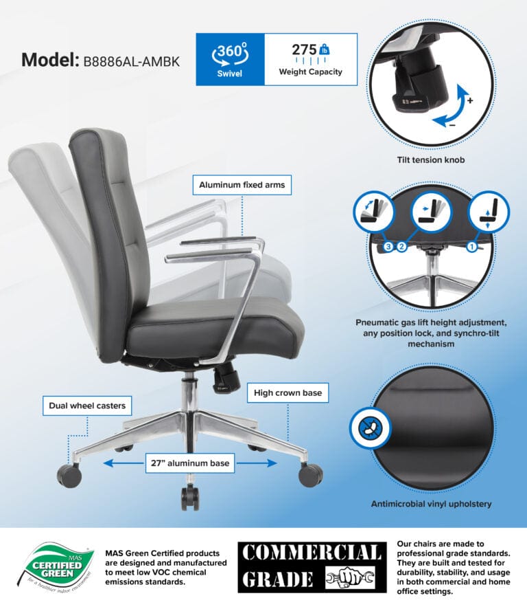 Premium Modern Conference Room Chair with Aluminum Arms & Base - Ergonomic Office Chair for Meetings & Presentations [B8886AL AMBK] - Ideal for Corporate Offices, Boardrooms & Home Workspaces