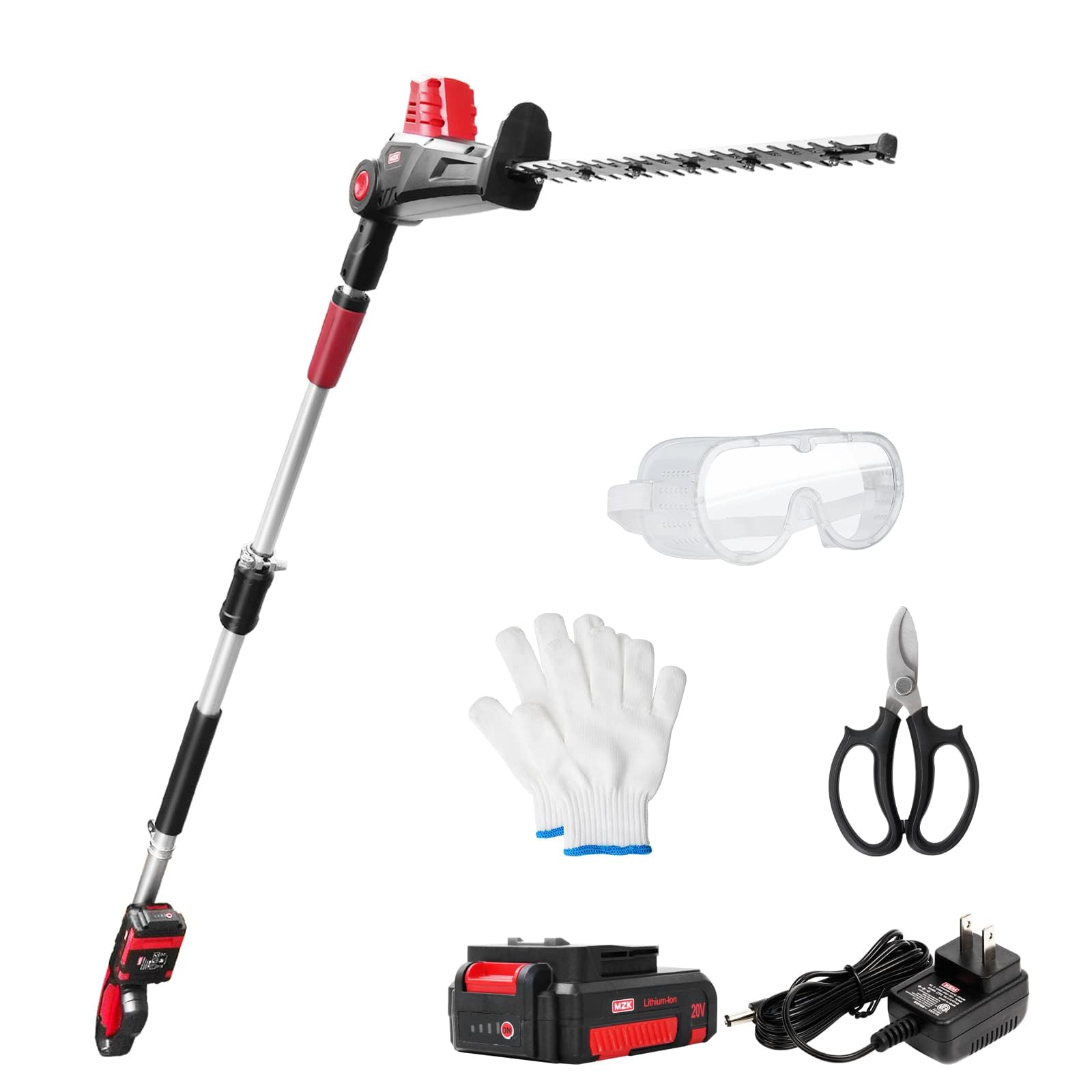 MZK 20V MAX 22.4-Inch Cordless Pole Hedge Trimmer Attachment - 8-Foot Reach Electric Hedge Trimmer with Extension Pole & Multi-Angle Head (Battery & Charger Included) - Perfect for Tall Hedges, Bushes & Hard-to-Reach Landscaping Areas