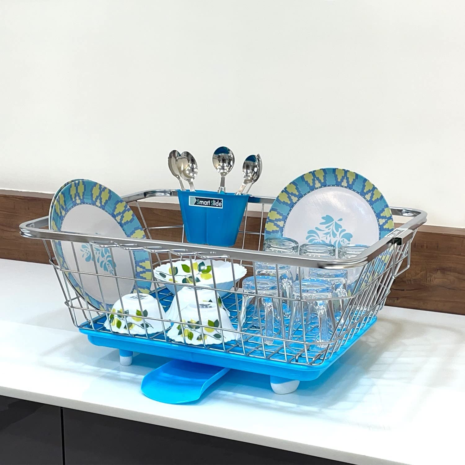 SmartSlide Stainless Steel Utensil Basket & Dish Drainer with Tray - Kitchen Sink Organizer, Spoon Holder & Drying Rack for Dishes, Cutlery & Cookware - Perfect for Countertop, RV, Small Spaces & Dishwashing Stations