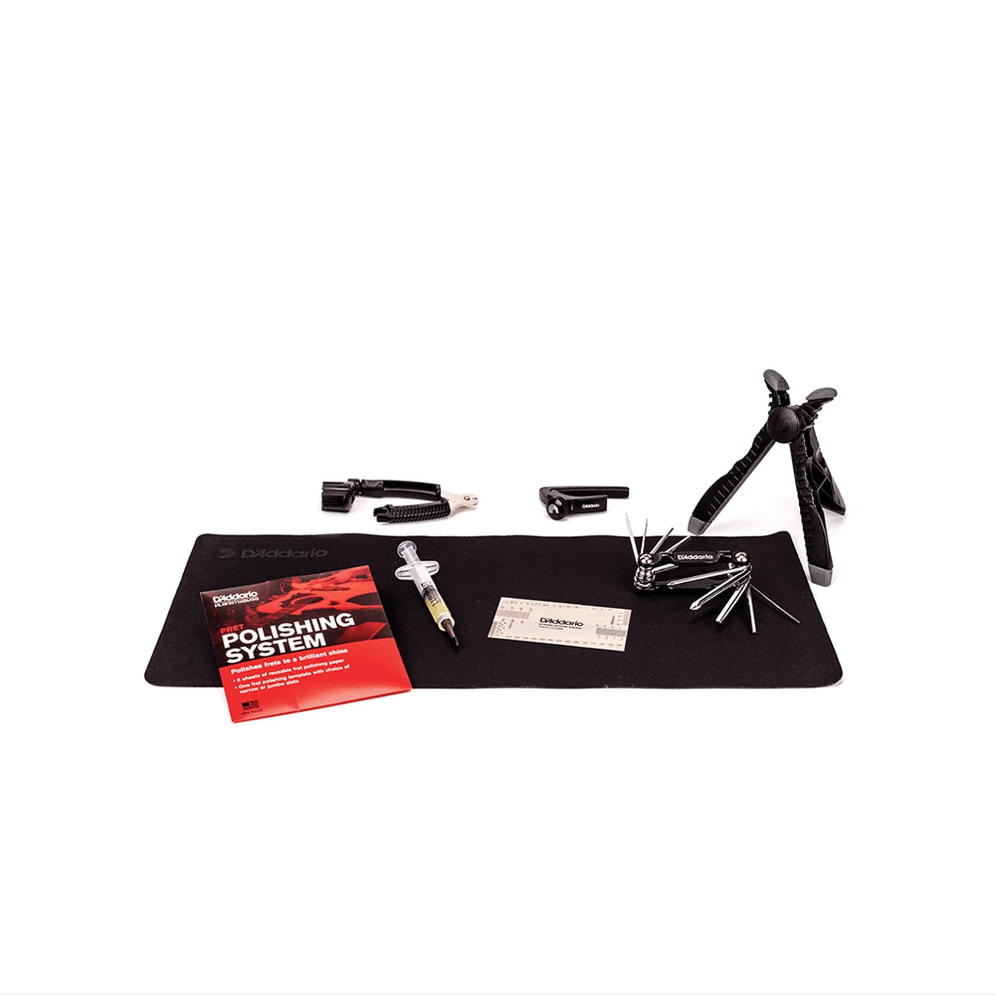 D'Addario Premium Guitar Maintenance Kit - Complete Care Set for Guitar Cleaning, String Change & Protection - Ideal for Acoustic & Electric Guitars at Home, Studio & Live Performances
