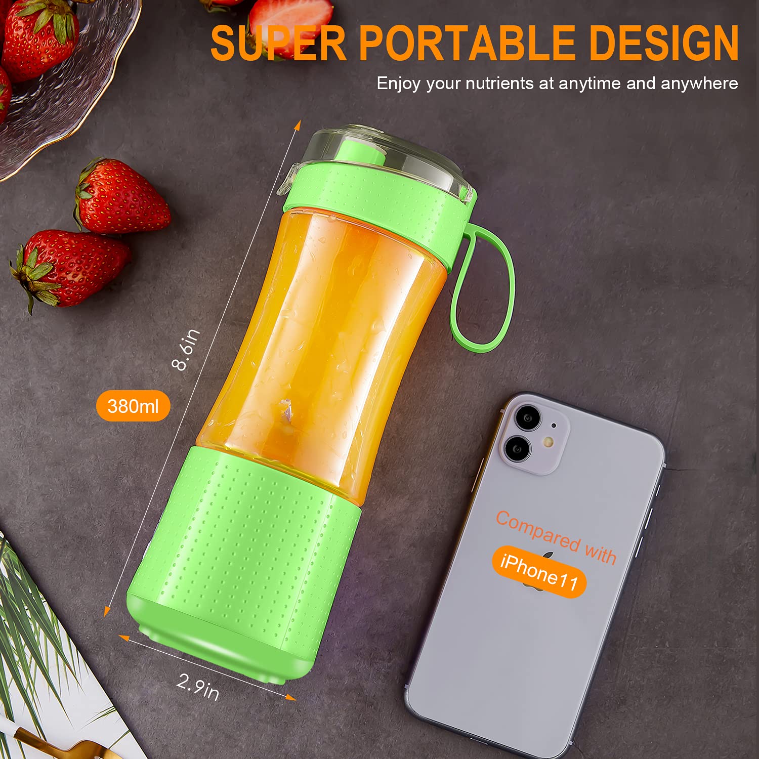 Portable USB Rechargeable Mini Blender - 6 3D Blades Personal Smoothie Maker for Shakes, Juices & Fruits | Compact Travel Blender Cup for Home, Gym, Office & Outdoor Activities | Perfect for Smoothies, Protein Shakes & Healthy Drinks on the Go - Green