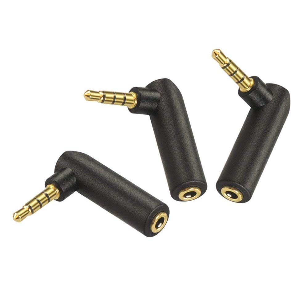 90 Degree 3.5mm Male to Female Stereo Audio Extension Adapter - Right Angle 1/8 Inch TRRS Gold Plated Mini Plug Connector (3-Pack) - Perfect for Headphones, Gaming Headsets & Mobile Devices