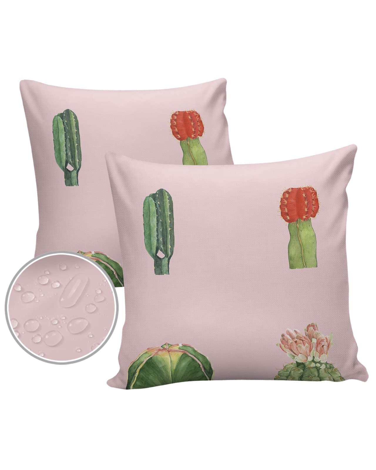 Waterproof 18x18 Outdoor Throw Pillow Covers Set of 2 - Cactus Watercolor Design with Zipper, Decorative Lumbar Cushion Covers for Patio Furniture, Sofa, Garden & Poolside Use - Pink Tropical Flowering Plants Pattern