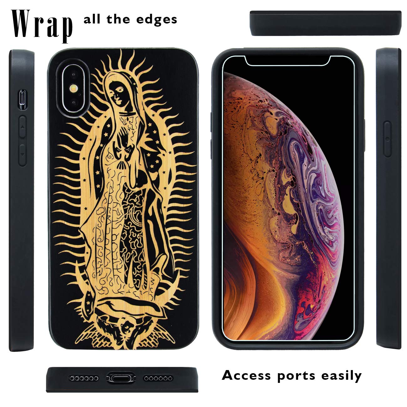 iProductsUS Wooden Phone Case for iPhone XR with Screen Protector - Engraved Virgin Mary Black Bamboo Cover, Built-in Metal Plate, Wireless Charging Compatible, Shockproof TPU Case (6.1 Inch) - Perfect for Daily Protection & Religious Devotion