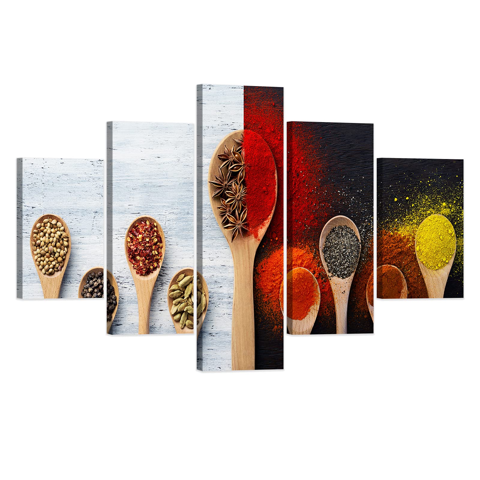 5-Piece Vintage Kitchen Spices Wall Art Canvas Print - Framed Spoon & Herbs Painting for Chef Gift, Restaurant Decor - Ready to Hang 60x40 Inches - Perfect for Home Kitchen, Dining Room & Cafe Wall Decoration