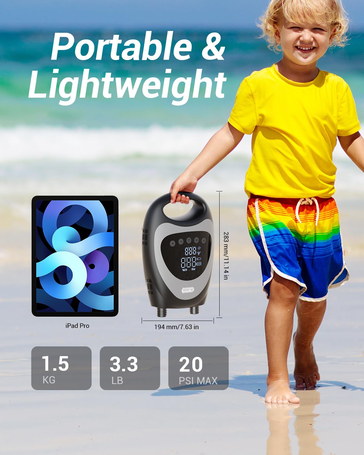 **Dr.meter Rechargeable Electric SUP Pump - 20PSI High Pressure Portable Air Pump with LED Light & Auto-Off, Battery & Car Adapter Powered for Inflatable Paddle Boards, Kayaks, Boats - Perfect for Beach, Lake & Outdoor Water Sports**