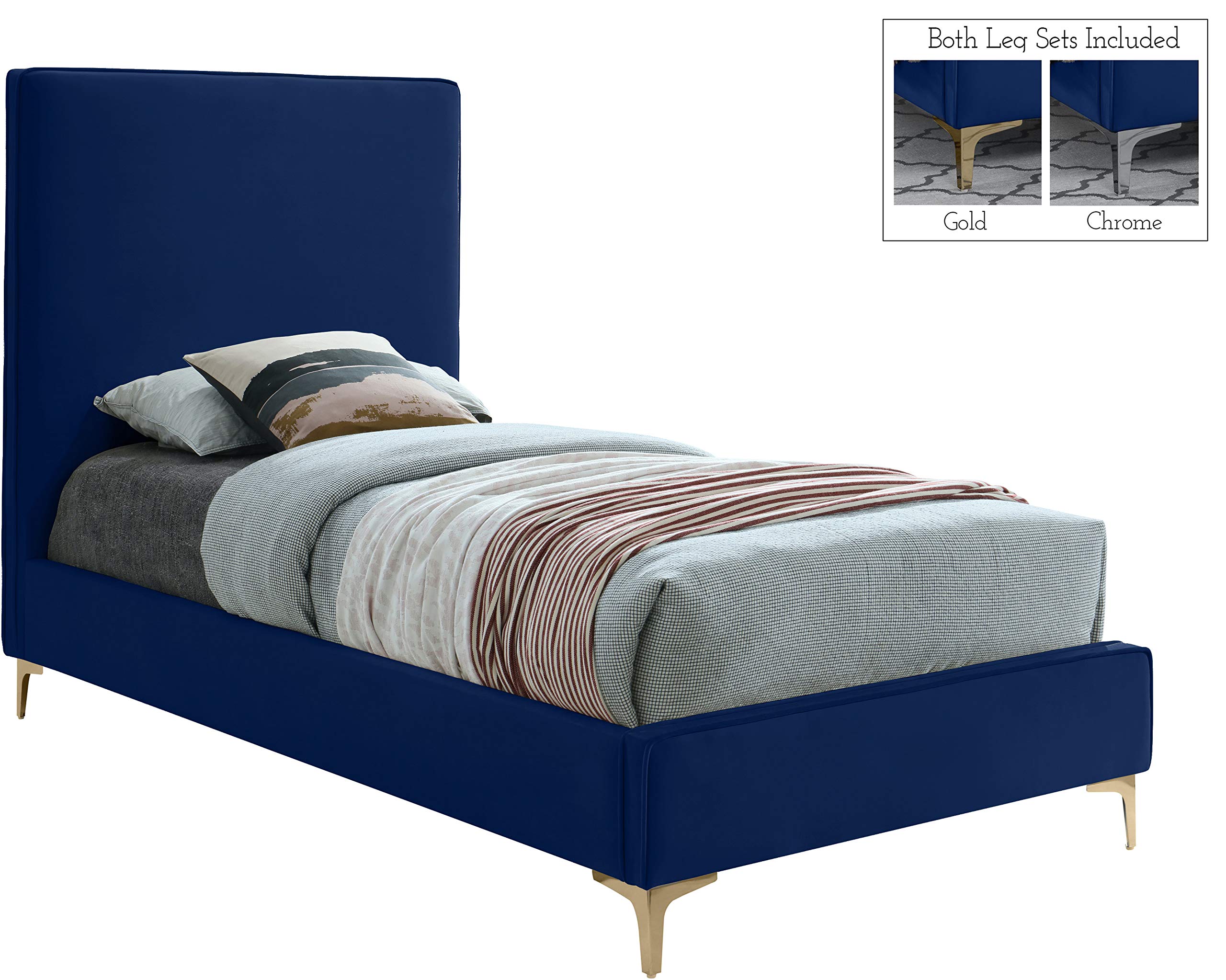 Modern Velvet Upholstered Twin Bed with Gold/Chrome Finish - Navy Blue Geri Collection by Meridian Furniture | Luxury Bedroom Decor for Contemporary Homes & Guest Rooms