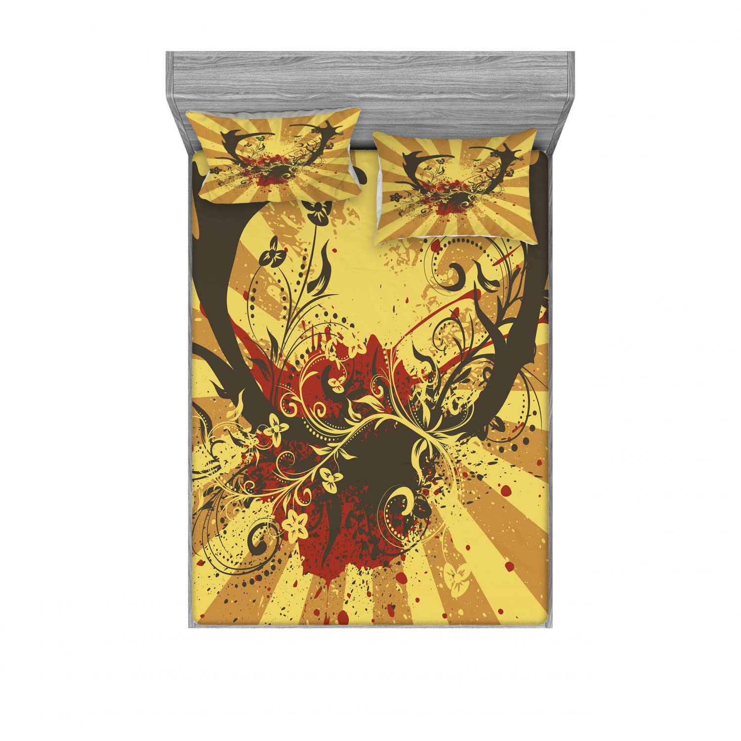 Ambesonne 2-Pack Queen Size Fitted Sheet & Pillow Sham Set - Grunge Style Deer Antlers Design, 4-Piece Bedding Set in Mustard Yellow for Cozy Cabin, Hunting Lodge or Rustic Bedroom Decor