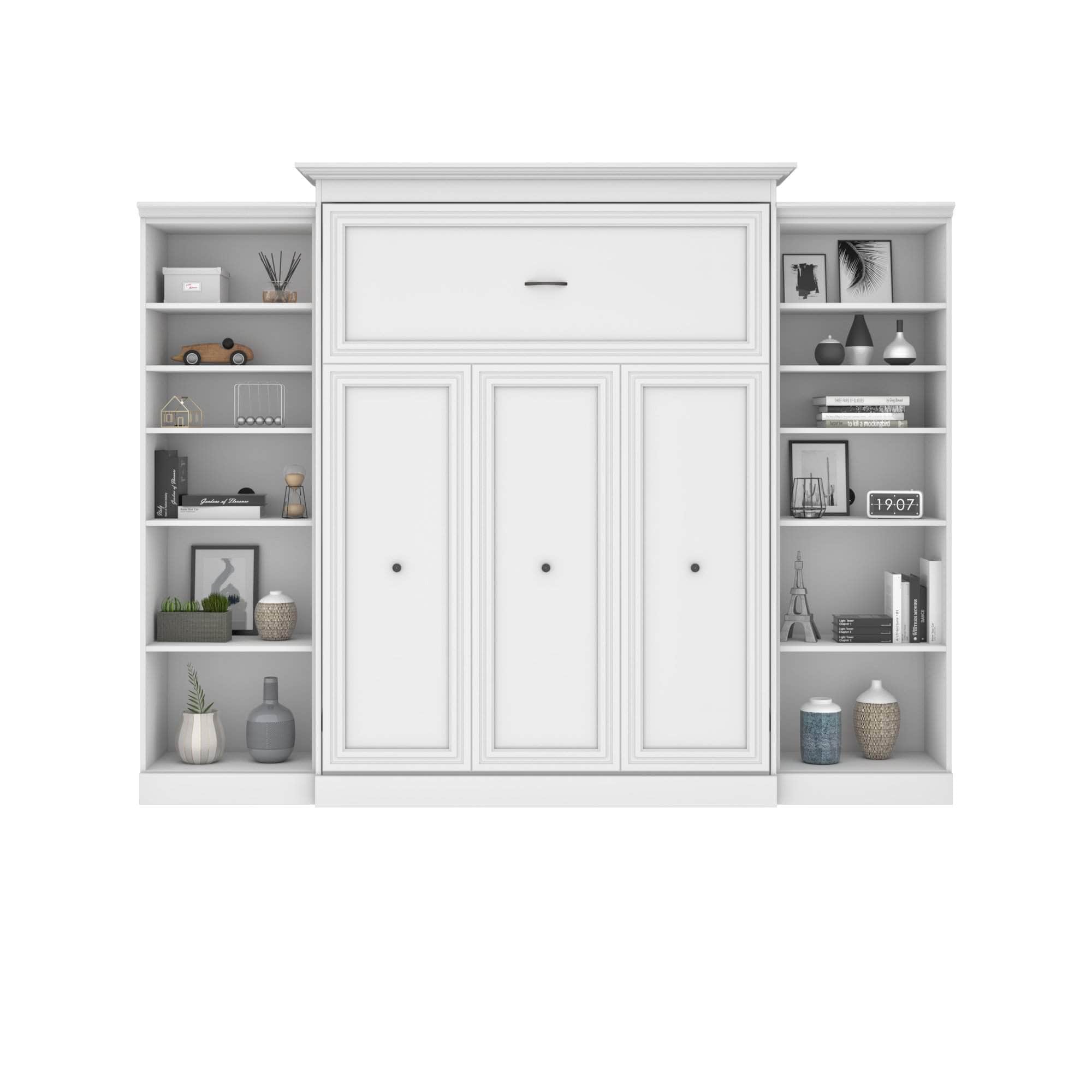 Versatile Queen Murphy Wall Bed with 2 Built-in Storage Units (115 Inch) - Space Saving White Foldable Bed for Small Apartments & Guest Rooms