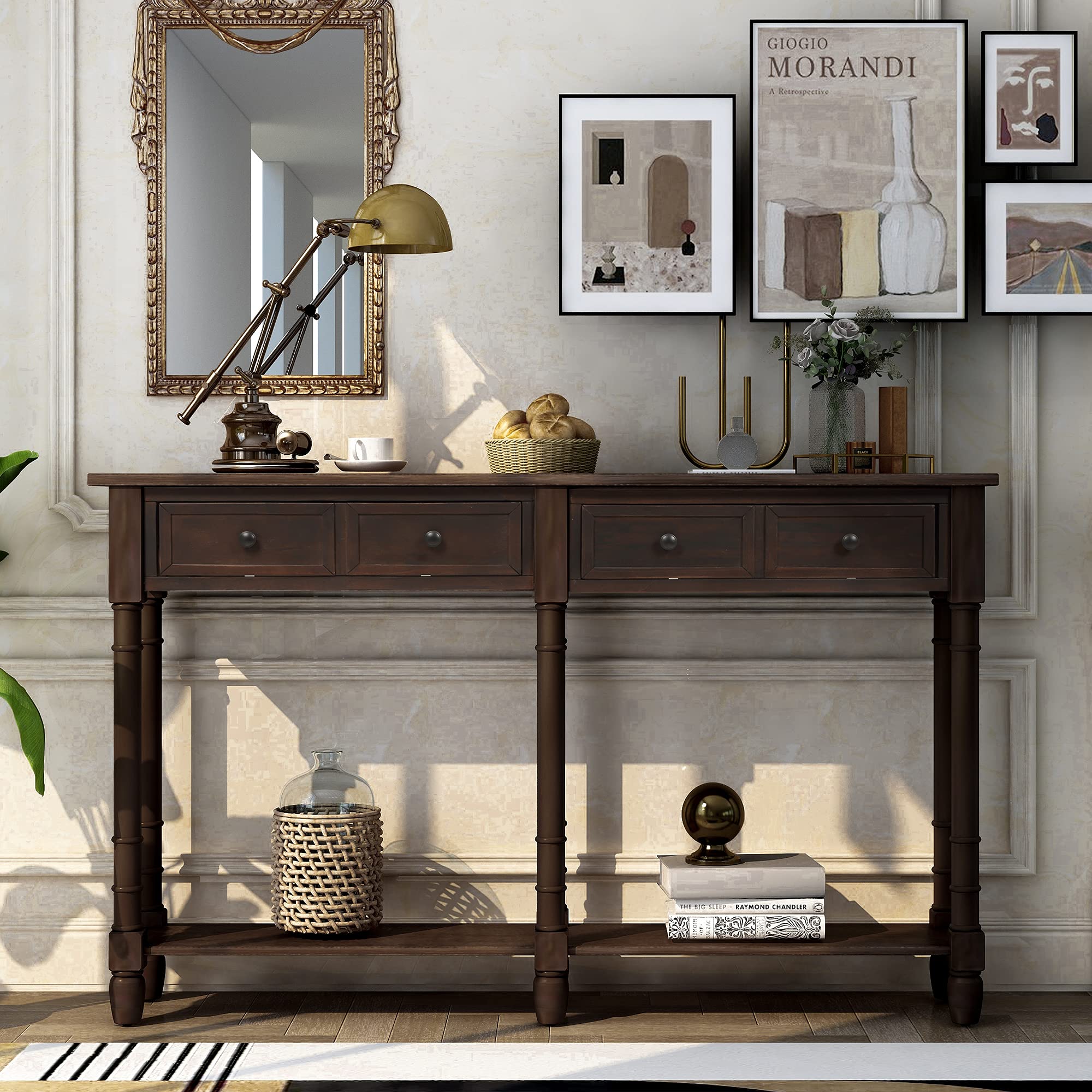 Merax Espresso Wood Narrow Console Table with Drawers & Bottom Shelf - Entryway, Hallway, Front Door Sofa Table - Perfect for Small Spaces, Home Decor & Storage Solutions (1 Set)