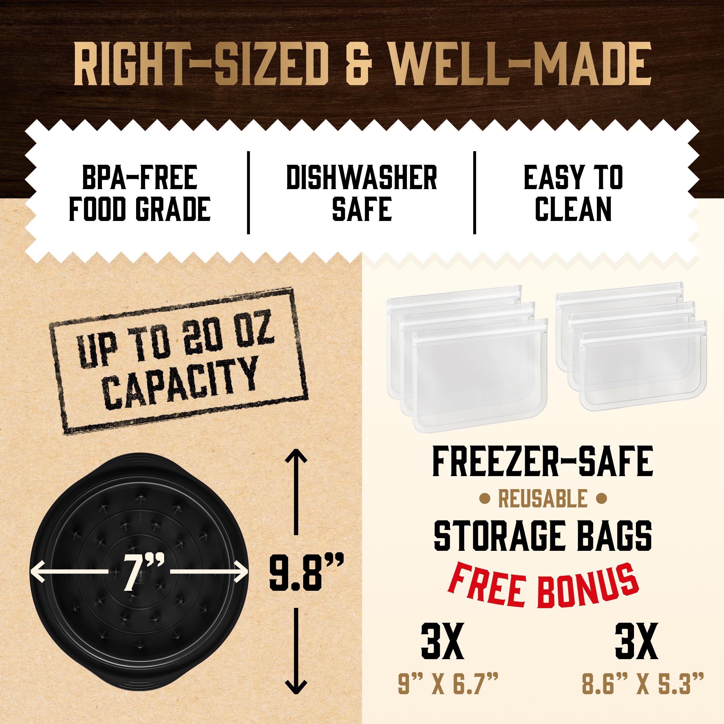Premium Chicken Shredder Tool with 6 Freezer Bags - 20 oz Hardened Steel, Anti-Slip Grip & Clear Lid - Safer Than Knives Meat Shredder for Pulled Pork, Chicken & Beef - Dishwasher Safe - Perfect for BBQ, Meal Prep & Kitchen Cooking