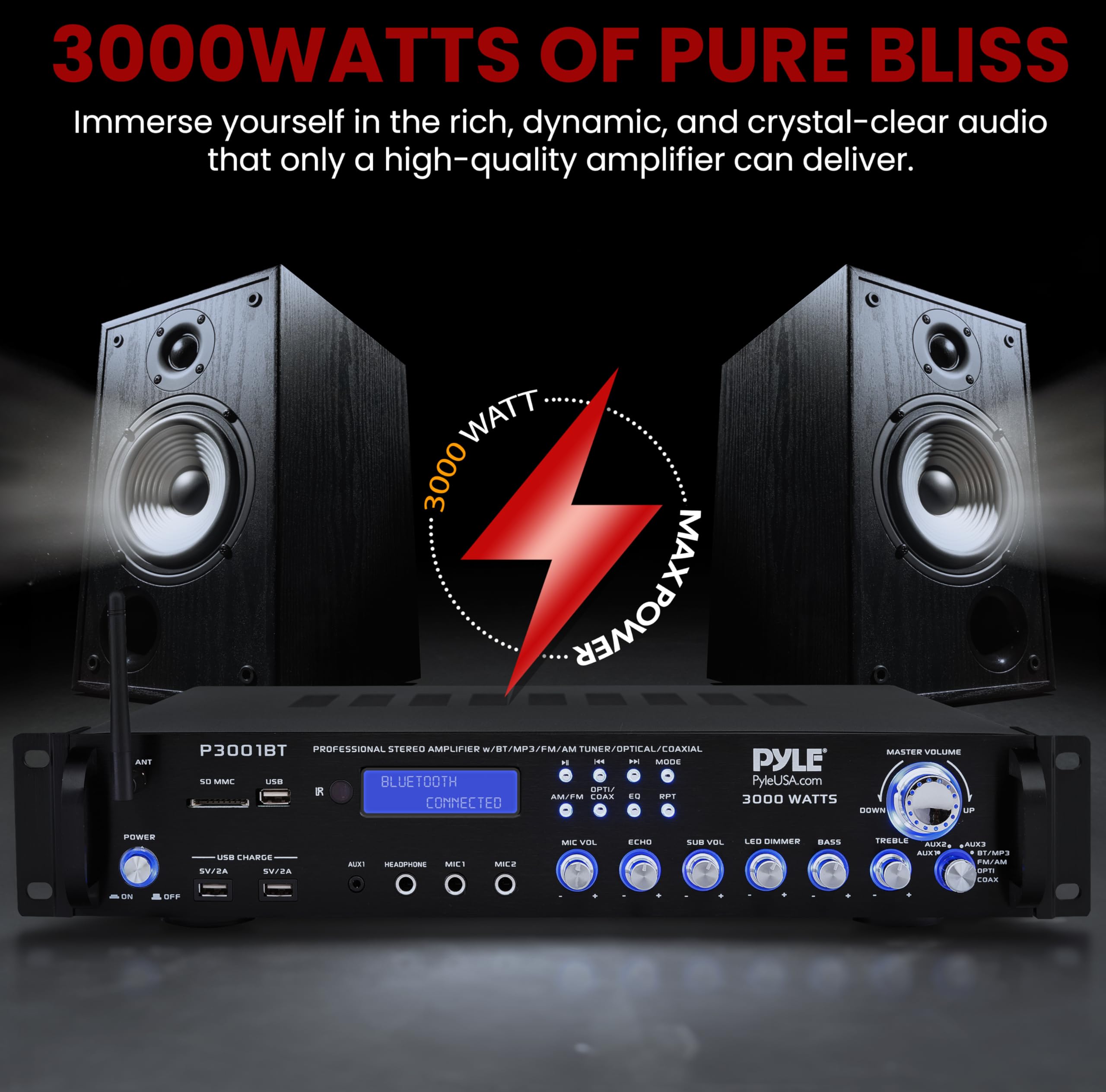Pyle 3000W Bluetooth Power Amplifier - Multi-Channel Audio Rack Mount Stereo Receiver with FM Radio, USB, Headphone & RCA Inputs, Dual Mic w/ Echo, LED Display for Home Theater & Wireless Streaming | Perfect for Karaoke, DJ Parties & Live Performances