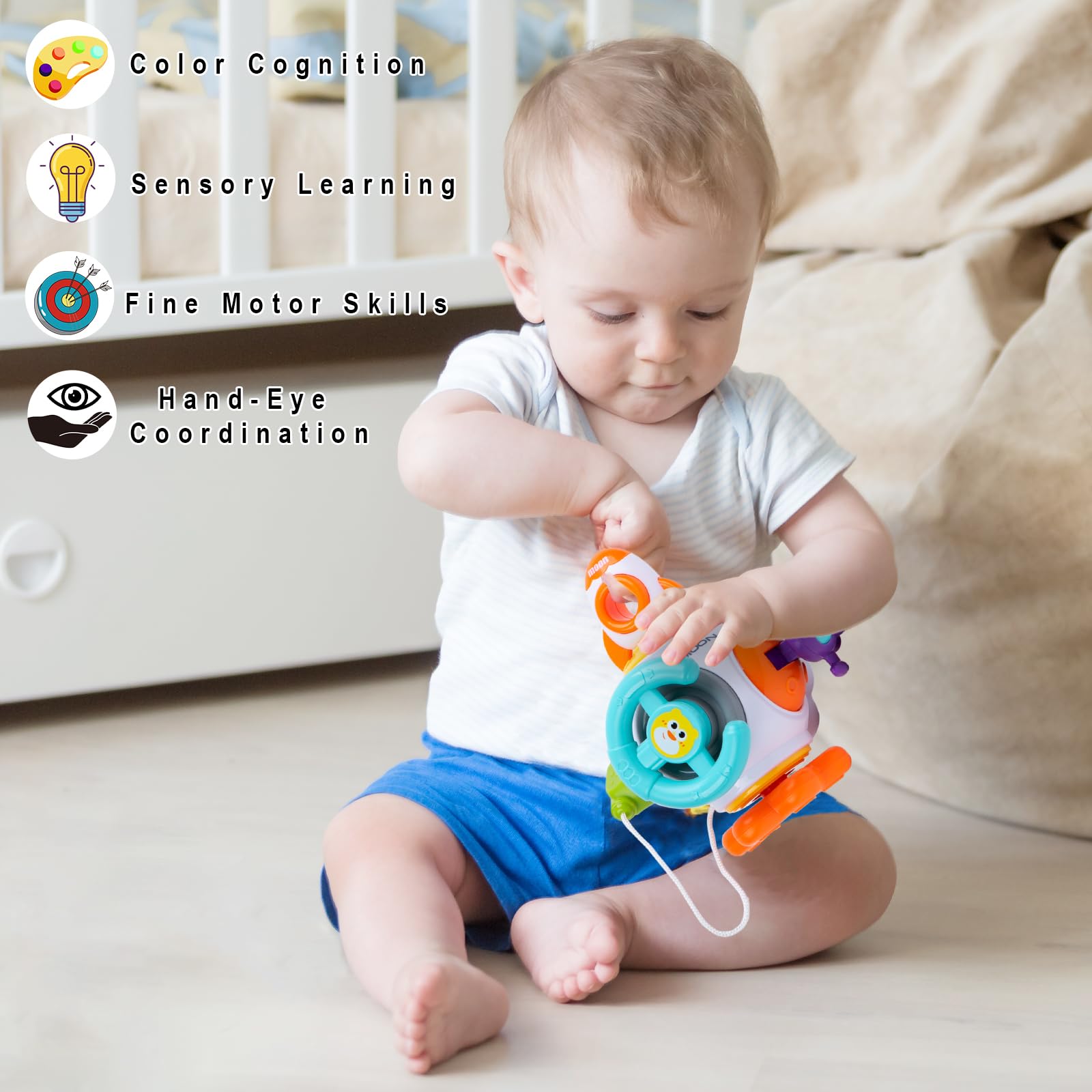 Montessori Sensory Toys for Toddlers 1-3 Years - Educational Busy Board Cube for Baby Boys & Girls - Car Travel Activities & Learning Toy for 18 Month Olds (Rocket Design) | Perfect for Road Trips, Airplane Entertainment & Early Childhood Development