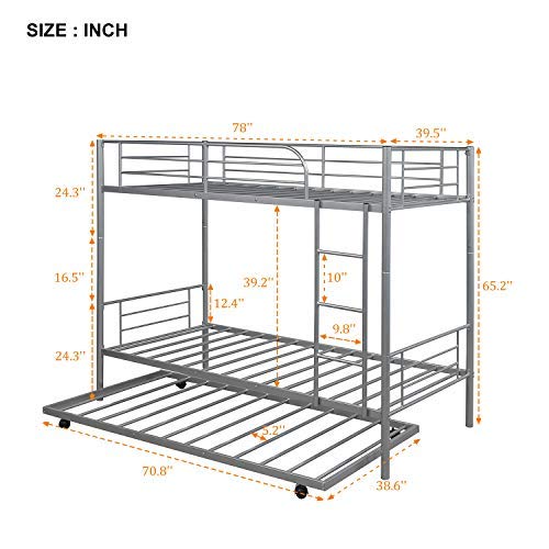 KLMM Heavy Duty Metal Twin Over Twin Bunk Bed with Trundle - Convertible to 2 Separate Beds, Guardrails & Ladder Included - No Box Spring Needed (Silver) | Space Saving Kids Bedroom Furniture for Small Rooms, Dorms & Guest Rooms