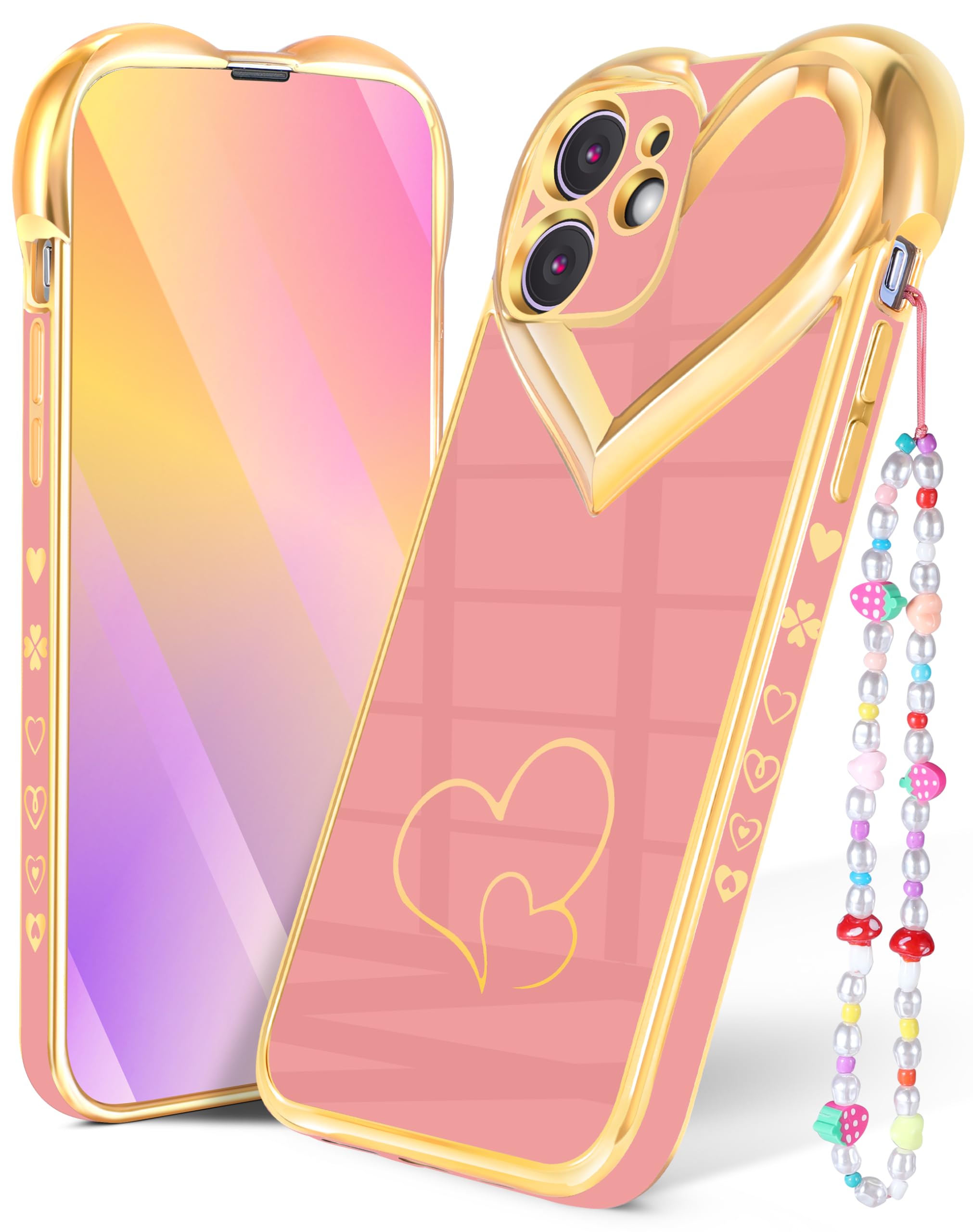 3-in-1 Luxury Heart Pattern iPhone 11 Case for Women - 6.1 Inch Cute Aesthetic Phone Cover with Chain & Screen Protector | Perfect Gift for Girlfriend, Valentine's Day & Everyday Use