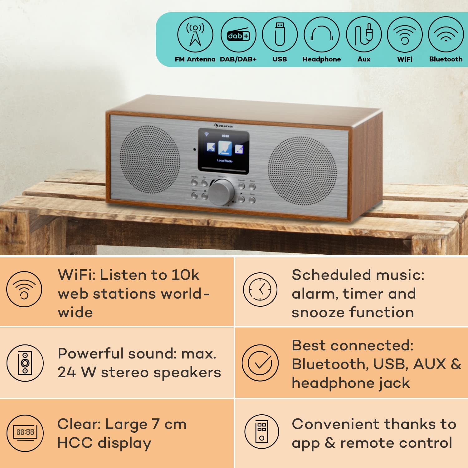Auna DAB Radio with Bluetooth, DAB/DAB+/FM Digital Radio, Stereo Speakers, HCC Display, Streaming, Alarm Clock, 5h Battery, Portable Mains Powered for Home, Office, and Travel Use