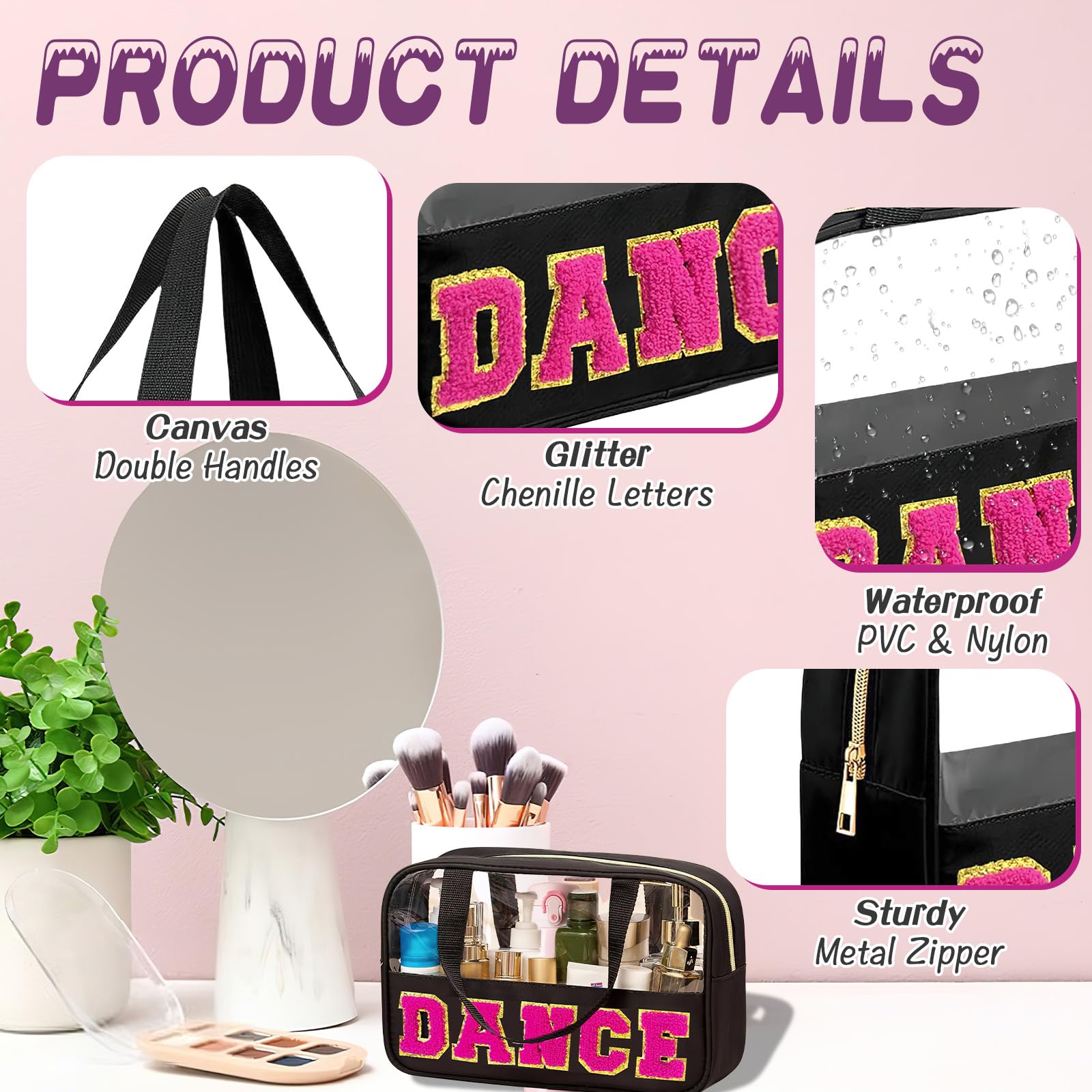Dance Gifts Chenille Letter Bags - Clear Waterproof Nylon Makeup Organizer with Handle & Zipper, Portable PVC Travel Cosmetic Toiletry Bag for Women & Dance Competitors | Perfect for Dance Competitions, Travel & Everyday Storage