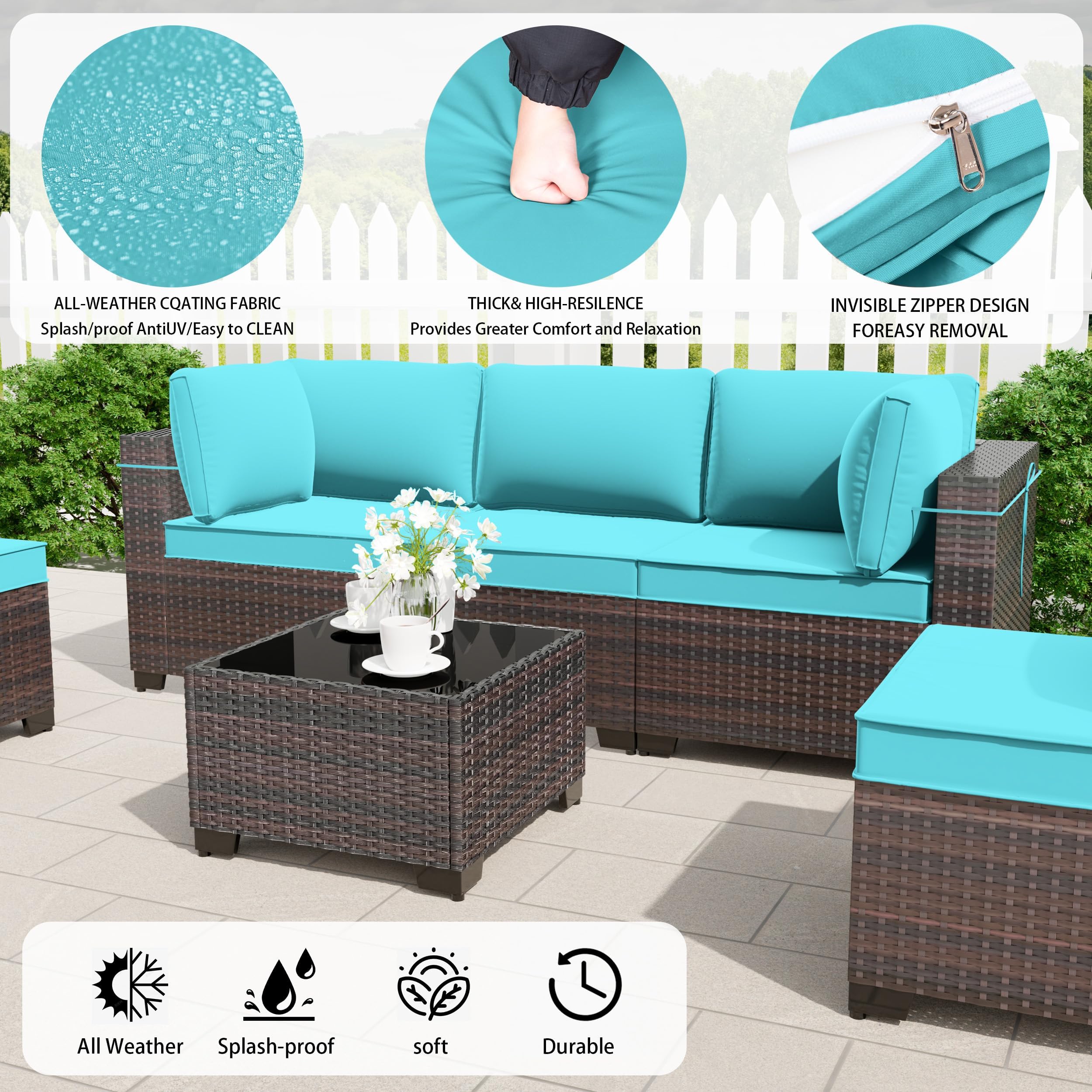 15-Piece Outdoor Patio Furniture Set with ETL-Approved Propane Fire Pit Table & Coffee Table - Blue Sectional Sofa Conversation Set for Backyard, Garden, Poolside & Deck Relaxation