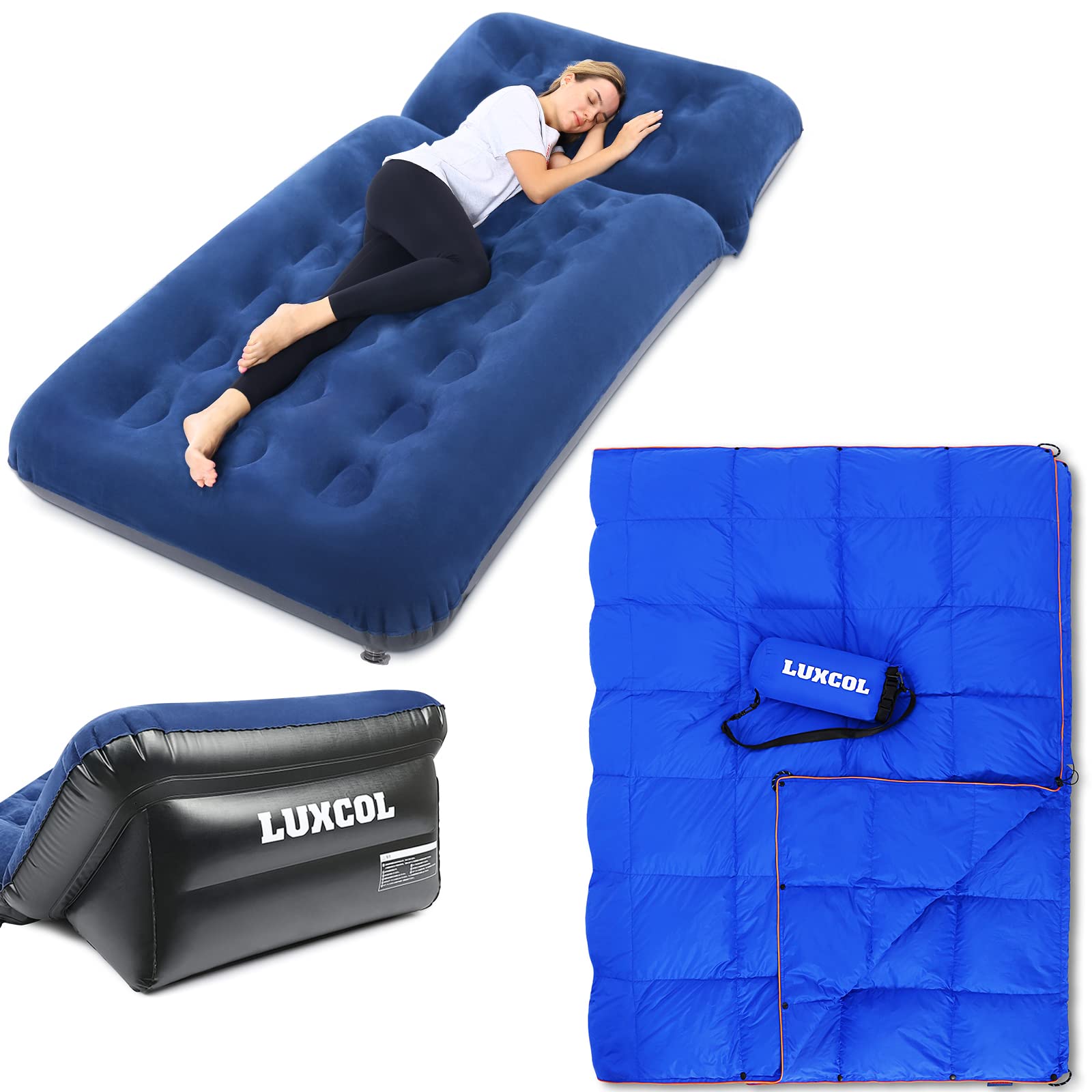 Premium LUXCOL Down Camping Blanket - 700+ Fill Power, Ultra Lightweight & Warm - Twin Air Mattress with Adjustable Backrest & Storage Bag - Perfect for Outdoor Adventures, Camping Trips, Travel & Picnics