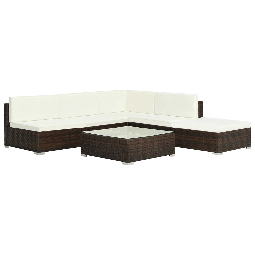 6-Piece Brown Poly Rattan Outdoor Patio Furniture Set with Cushions - Garden Lounge Set for Backyard, Poolside & Balcony Relaxation | Durable Unfade Memory Wicker Sofa Set