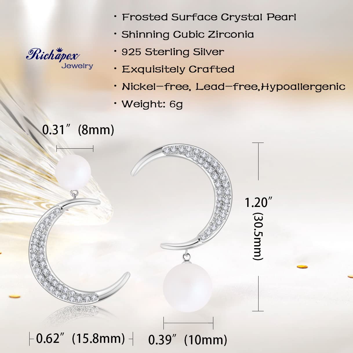 Richapex 925 Sterling Silver Pearl Drop Dangle Earrings for Women - Hypoallergenic Star Moon Stud Earrings with Cubic Zirconia - Perfect Anniversary & Birthday Gifts for Her - Elegant Jewelry for Date Night, Wedding & Special Occasions