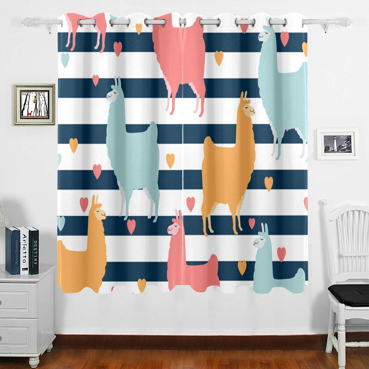 DOMIKING Blackout Curtains for Bedroom - Thermal Insulated Room Darkening Drapes with Cute Alpaca Llama Design, 63x55 Inch, Noise Reducing Window Treatment for Nursery, Home Theater & Shift Workers
