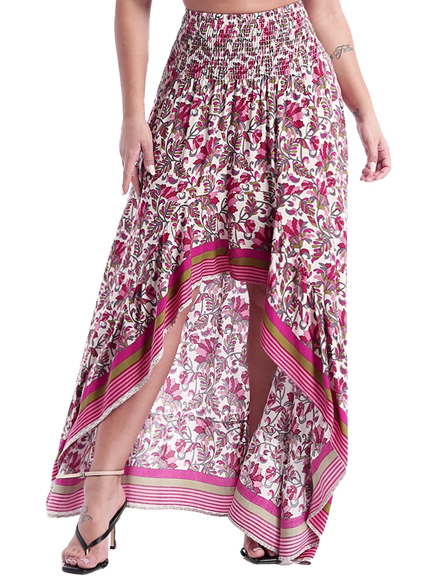 Boho Floral Print Long Maxi Skirt for Women - Elastic High Waisted Pleated Irregular Hem Summer Dress - Perfect for Beach Vacations, Music Festivals & Boho Chic Outfits