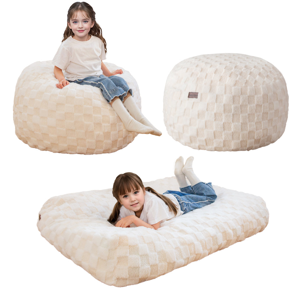 MAXYOYO Kids Bean Bag Bed - Convertible Bean Bag Chair to Bed with Soft Jacquard Shaggy Plush & Removable Plaid Beige Cover | Perfect for Kids' Room, Playroom & Sleepovers