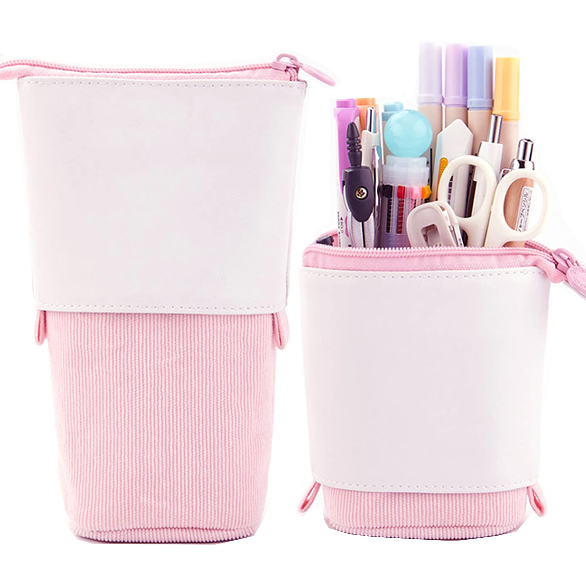 Expandable Pencil Case Pen Holder Organizer - PU Corduroy Retractable Stationery Bag with Stand-up Design, Colorful School & Office Supplies (Pink) - Perfect for Students, Back to School, Christmas Gifts & Daily Organization