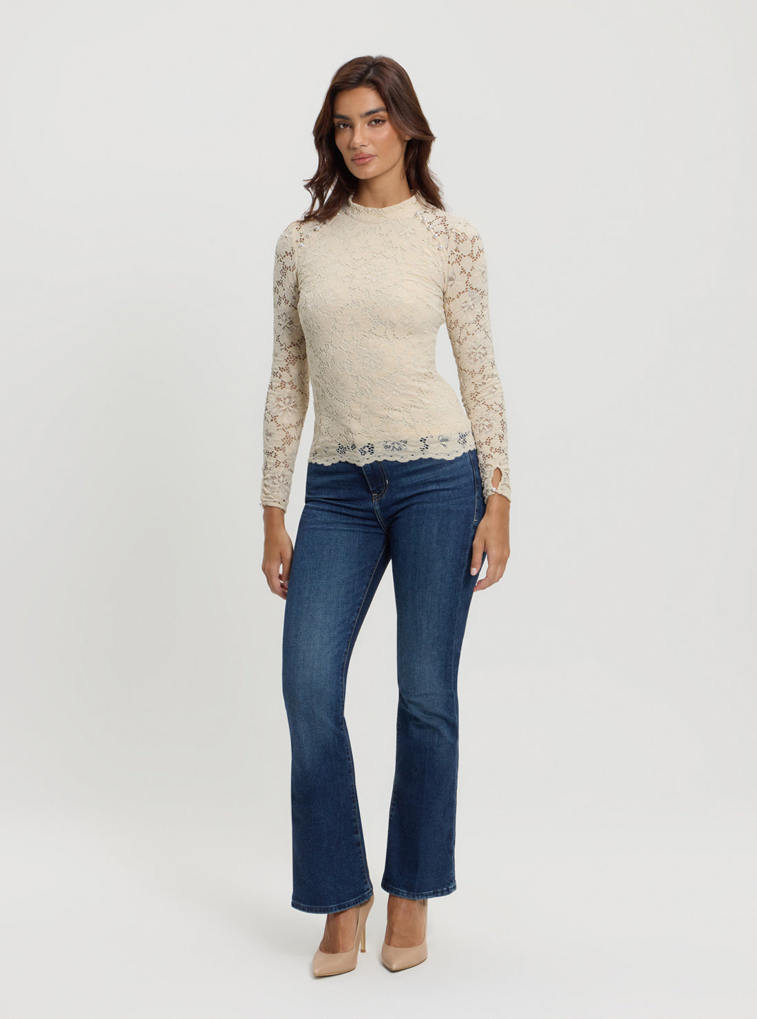 Elegant Beige Josephine Lace Blouse for Women - Romantic Floral Embroidered Tops for Date Night & Special Occasions