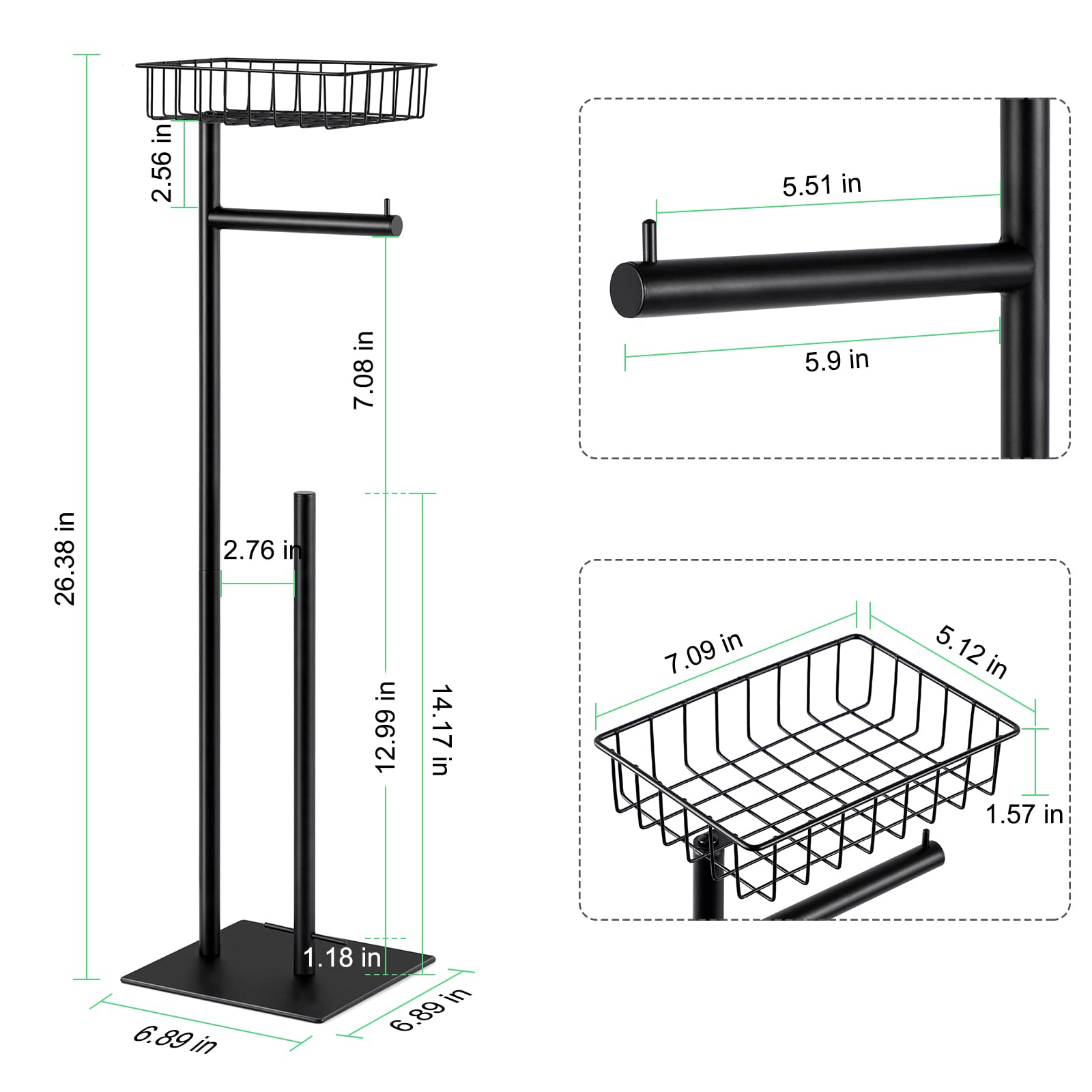 Free Standing Toilet Paper Holder Stand with Storage Basket - Industrial Style Bathroom Tissue Dispenser in Matte Black - Perfect for Home, Office, and RV Use